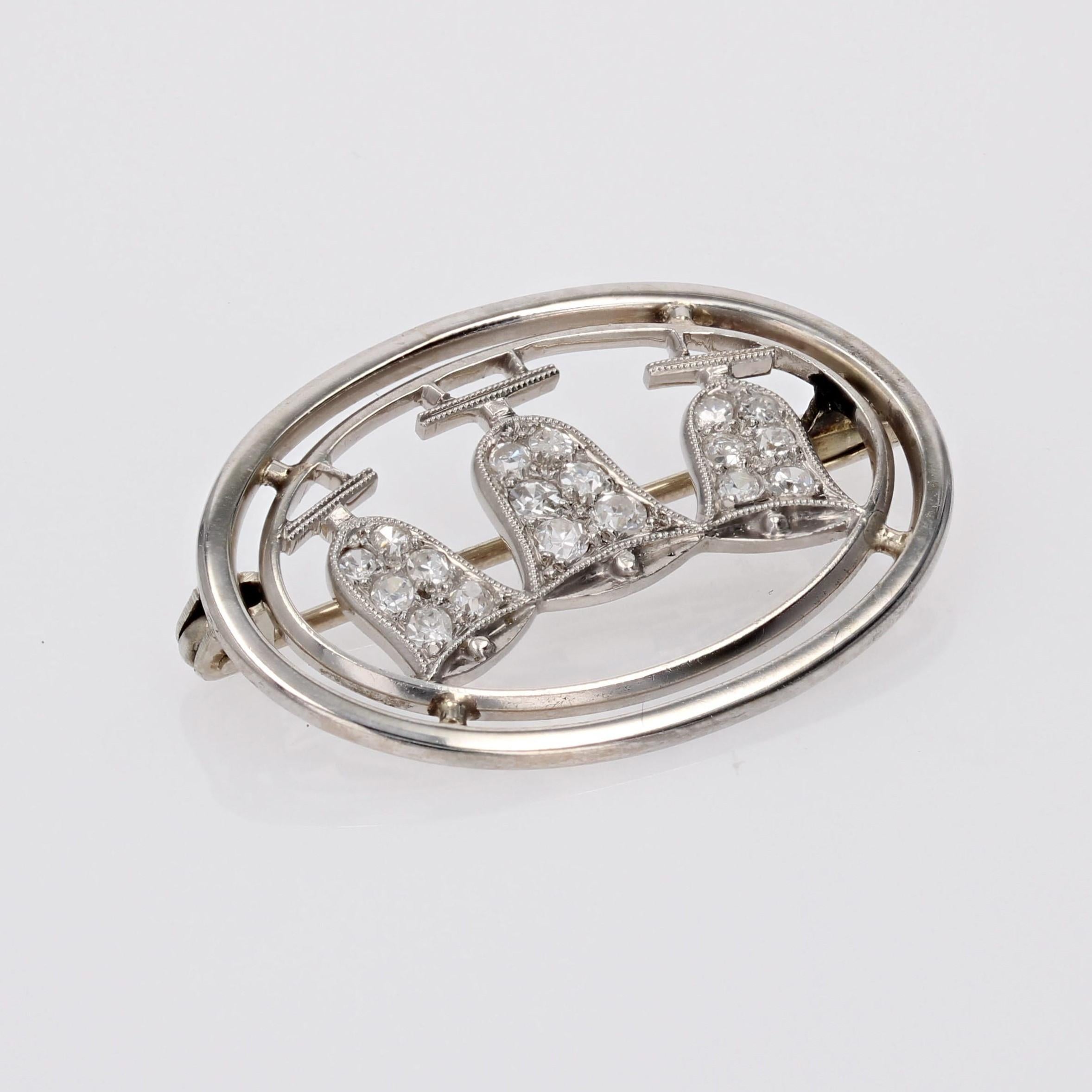 Brilliant Cut 1930s Diamonds 18 Karat White Gold Bells Oval Brooch For Sale