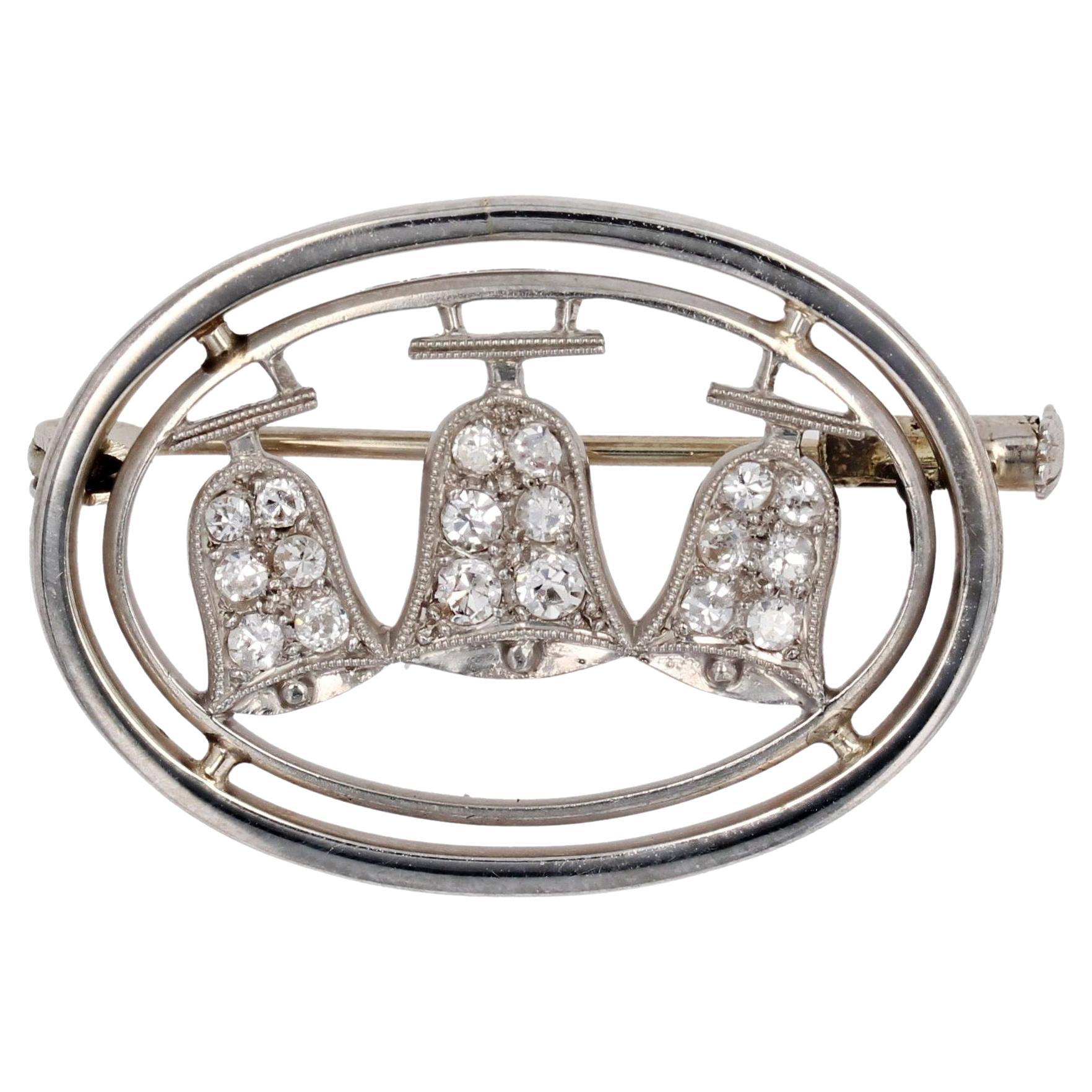 1930s Diamonds 18 Karat White Gold Bells Oval Brooch For Sale