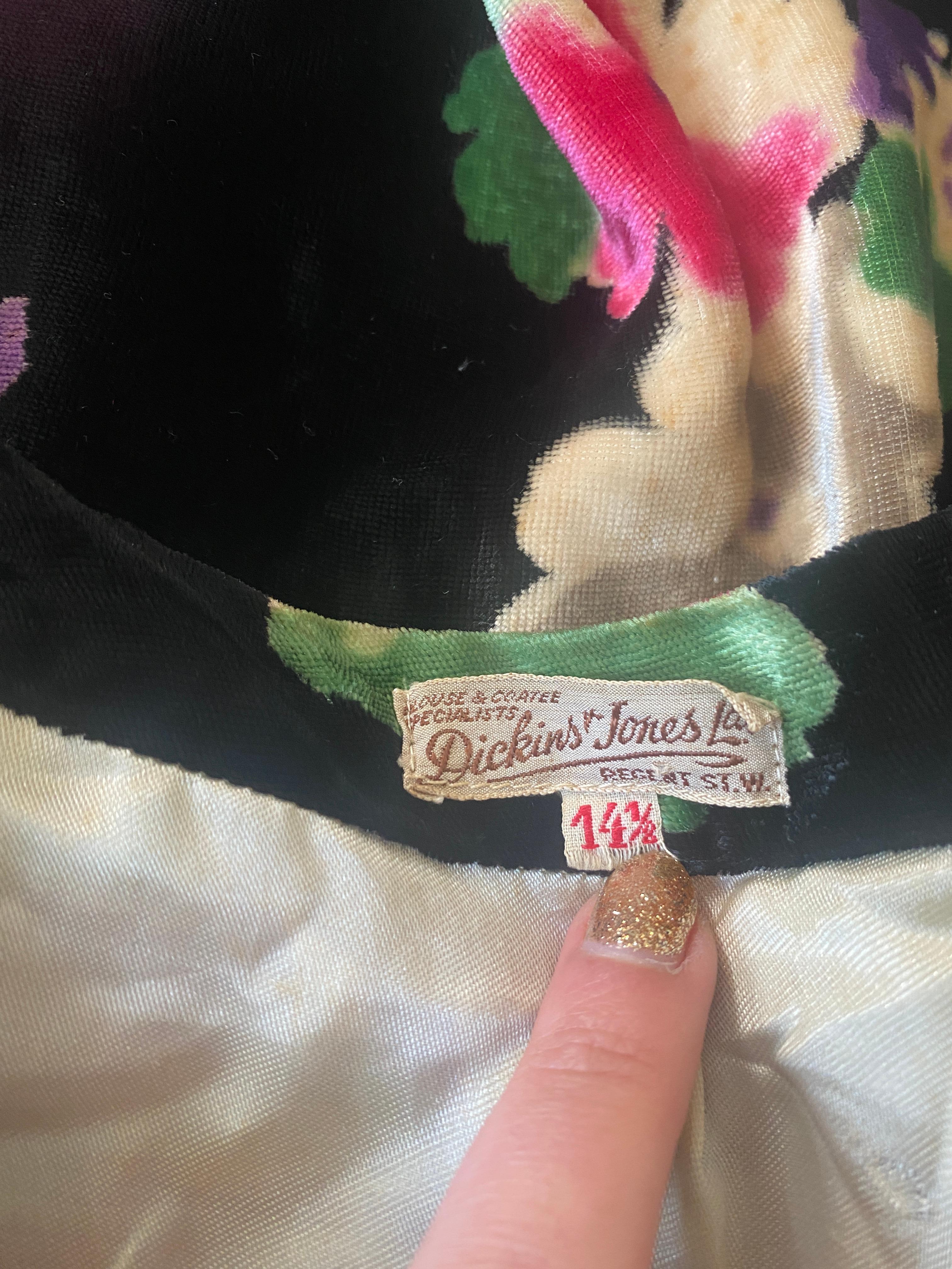 Black 1930s Dickins and Jones Floral Silk Velvet Coat For Sale