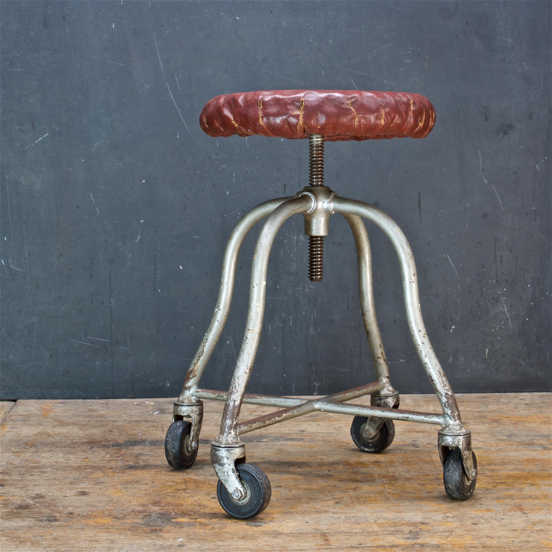 American 1930s Dimpled Industrial Artists Painters Sculptors Stool Vintage Iron Wheels For Sale