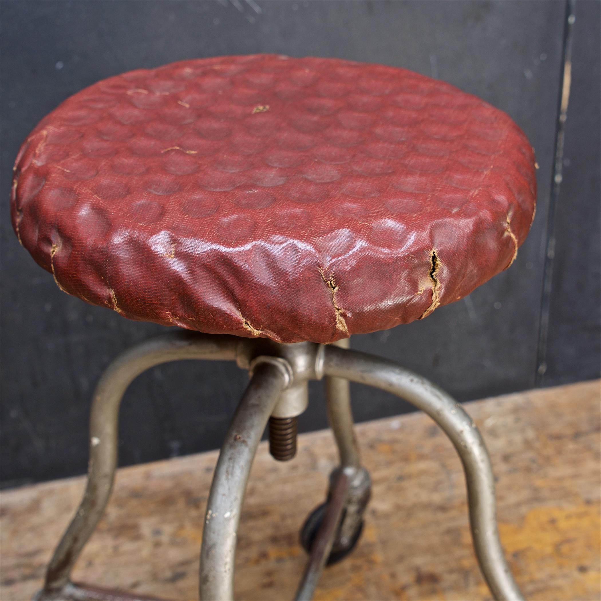 Enameled 1930s Dimpled Industrial Artists Painters Sculptors Stool Vintage Iron Wheels For Sale