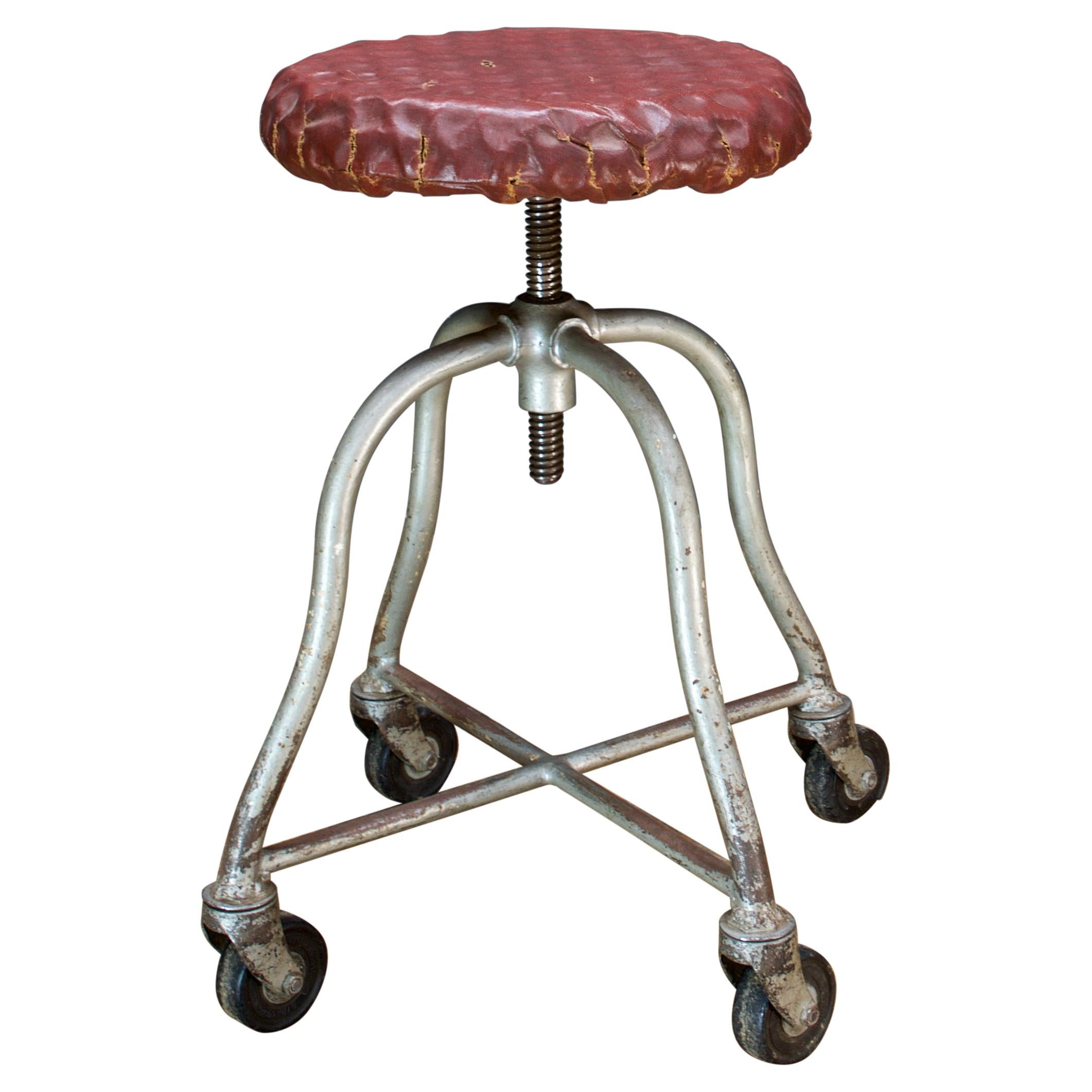 1930s Dimpled Industrial Artists Painters Sculptors Stool Vintage Iron Wheels For Sale