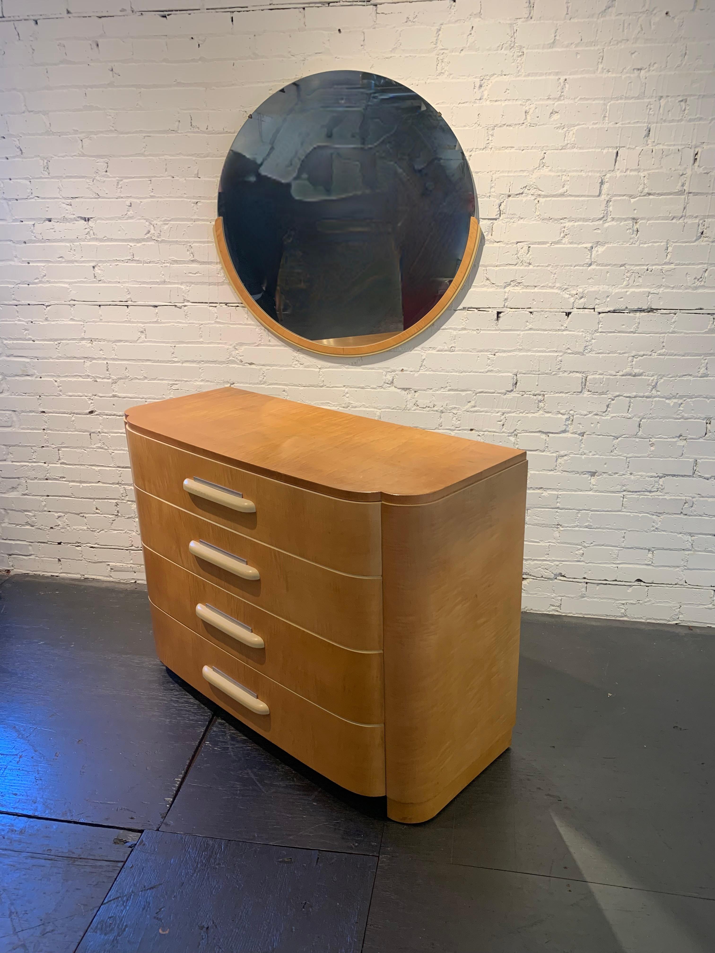1930s Donald Deskey Art Deco Low Maple Dresser with Round Mirror for Widdicomb  For Sale 8