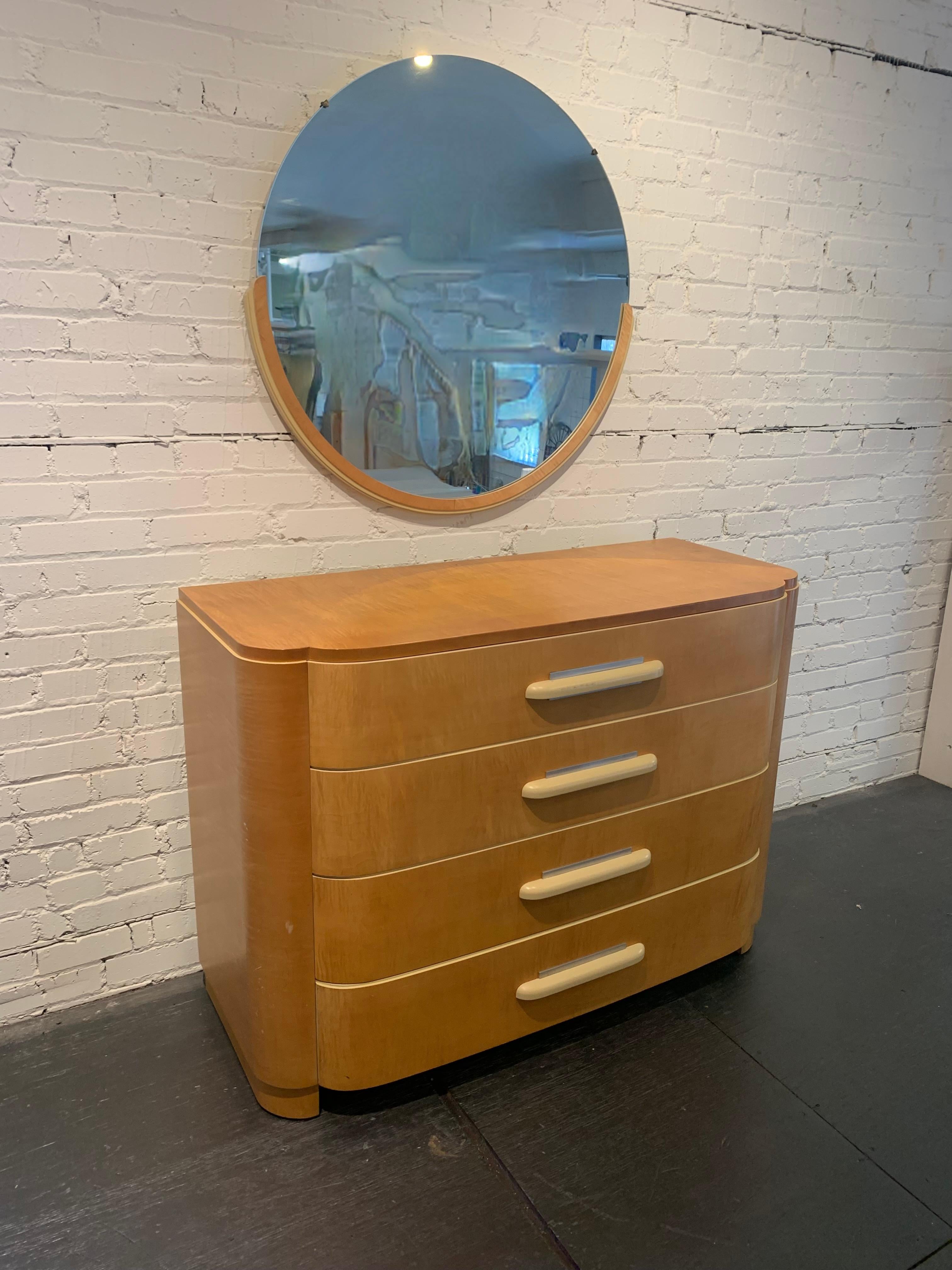 American 1930s Donald Deskey Art Deco Low Maple Dresser with Round Mirror for Widdicomb  For Sale