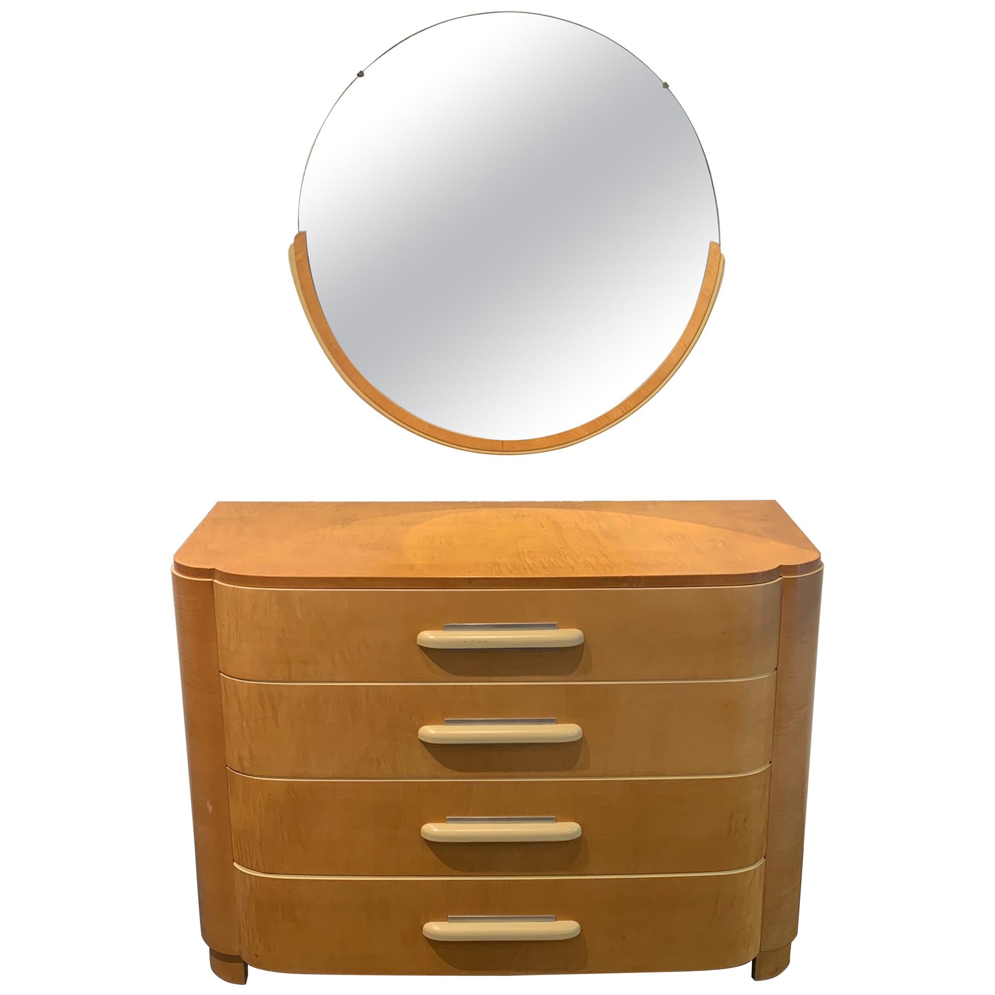 1930s Donald Deskey Art Deco Low Maple Dresser with Round Mirror for Widdicomb  For Sale