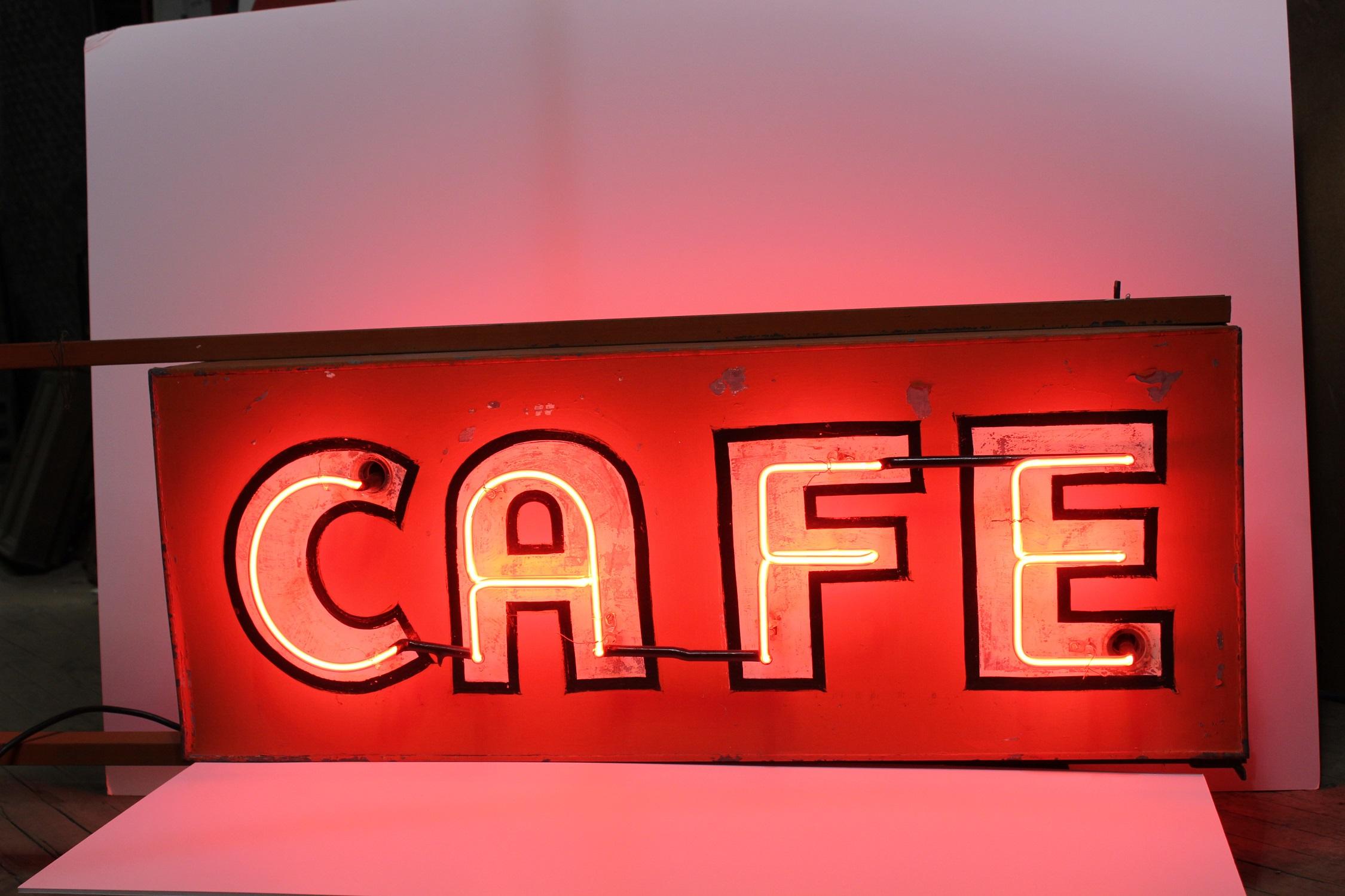 1930s double sided Neon Sign CAFE. It has new wiring and new transformer. Length with bracket 58.5