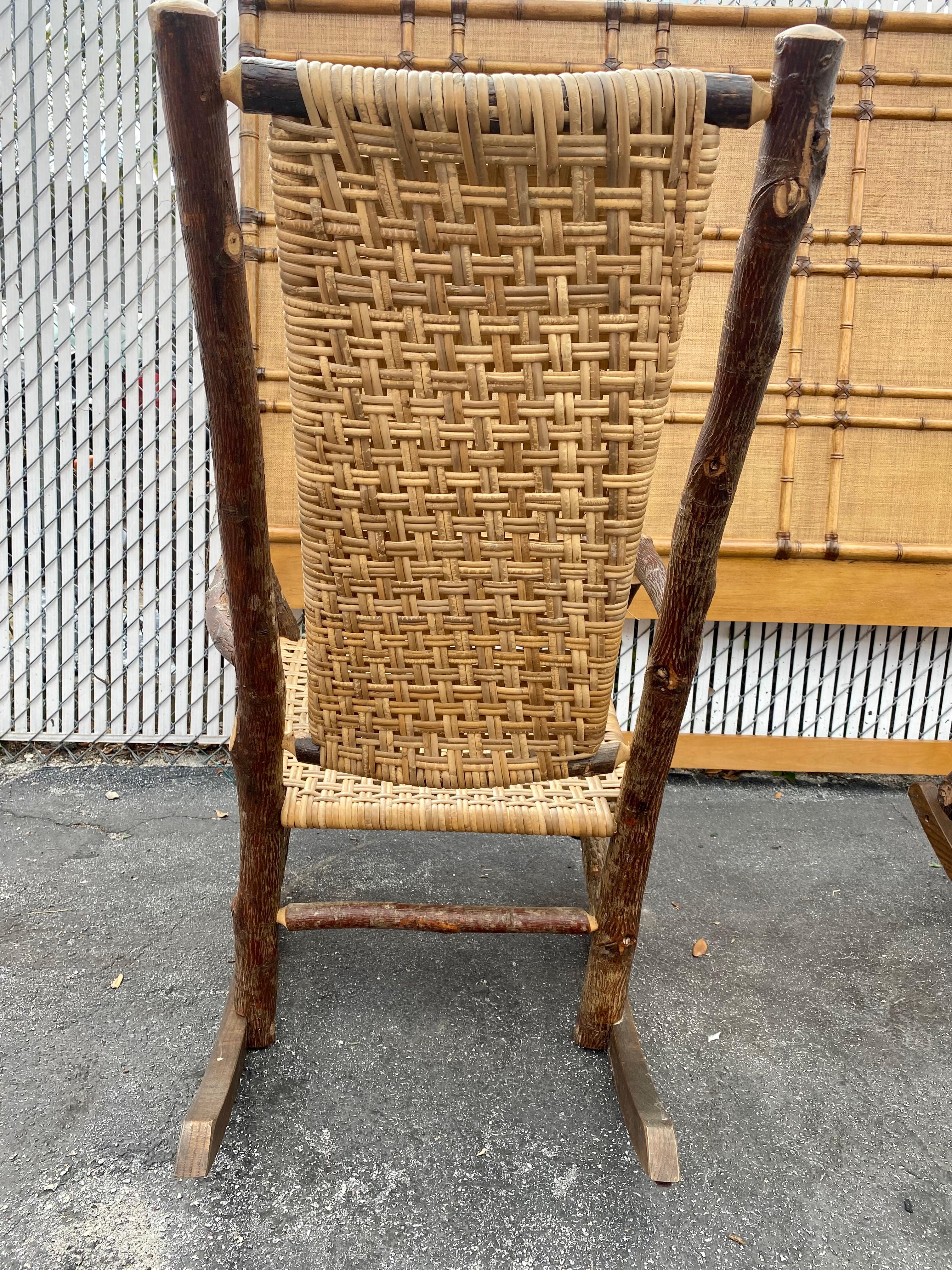 1930s Rustic Organic Double Weave Rattan Oak Rocking Chair For Sale 7