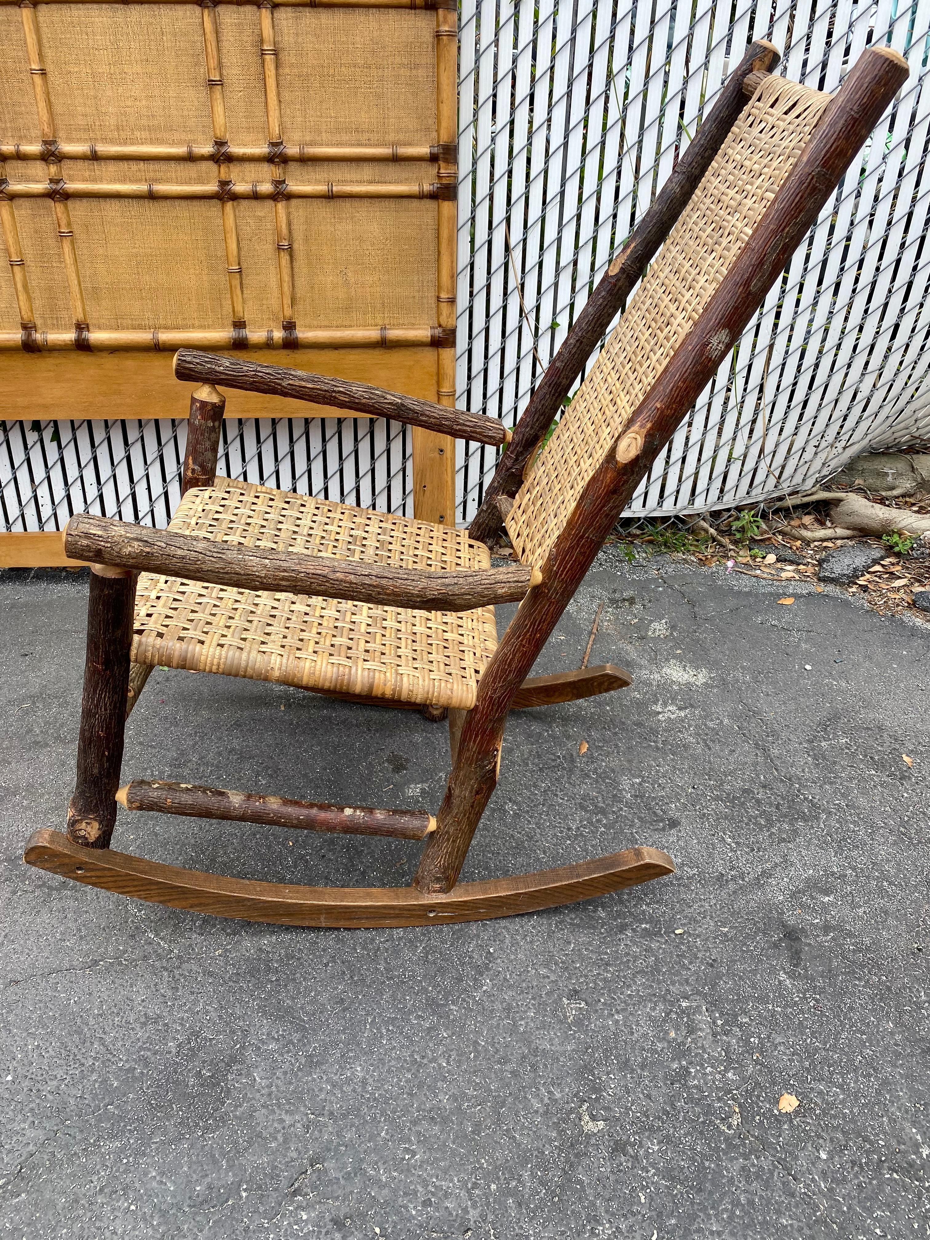 1930s Rustic Organic Double Weave Rattan Oak Rocking Chair For Sale 8