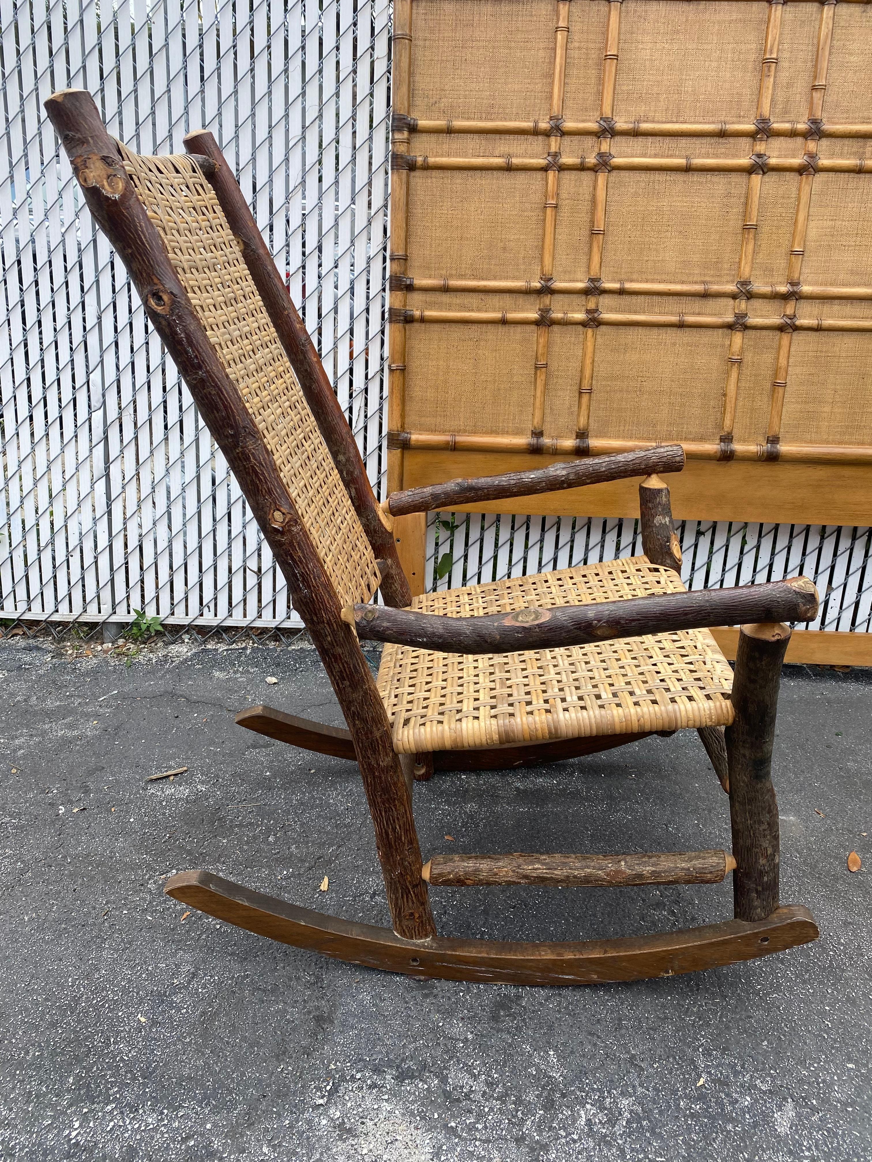 1930s Rustic Organic Double Weave Rattan Oak Rocking Chair For Sale 9