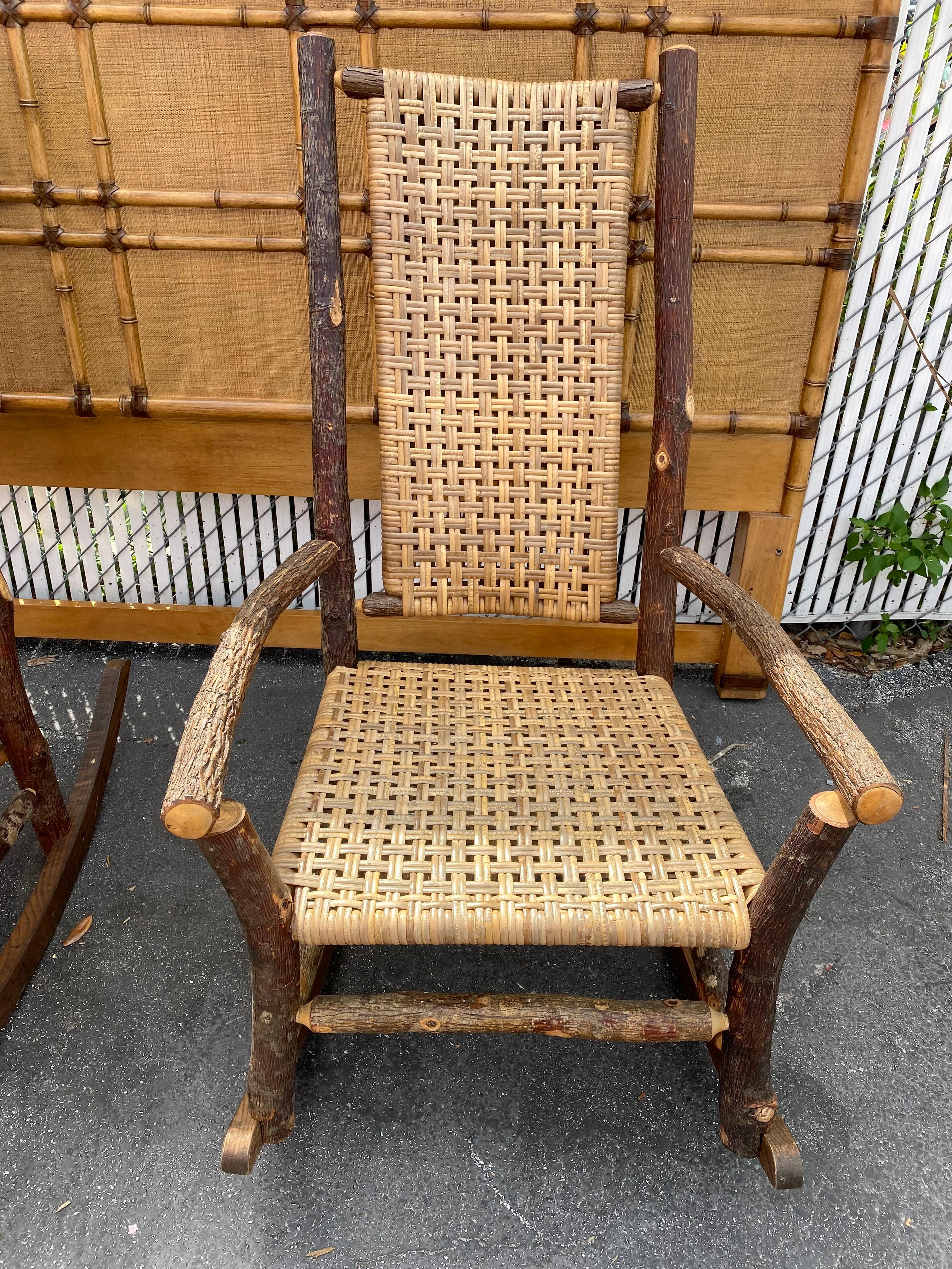 1930s Rustic Organic Double Weave Rattan Oak Rocking Chair en vente 8
