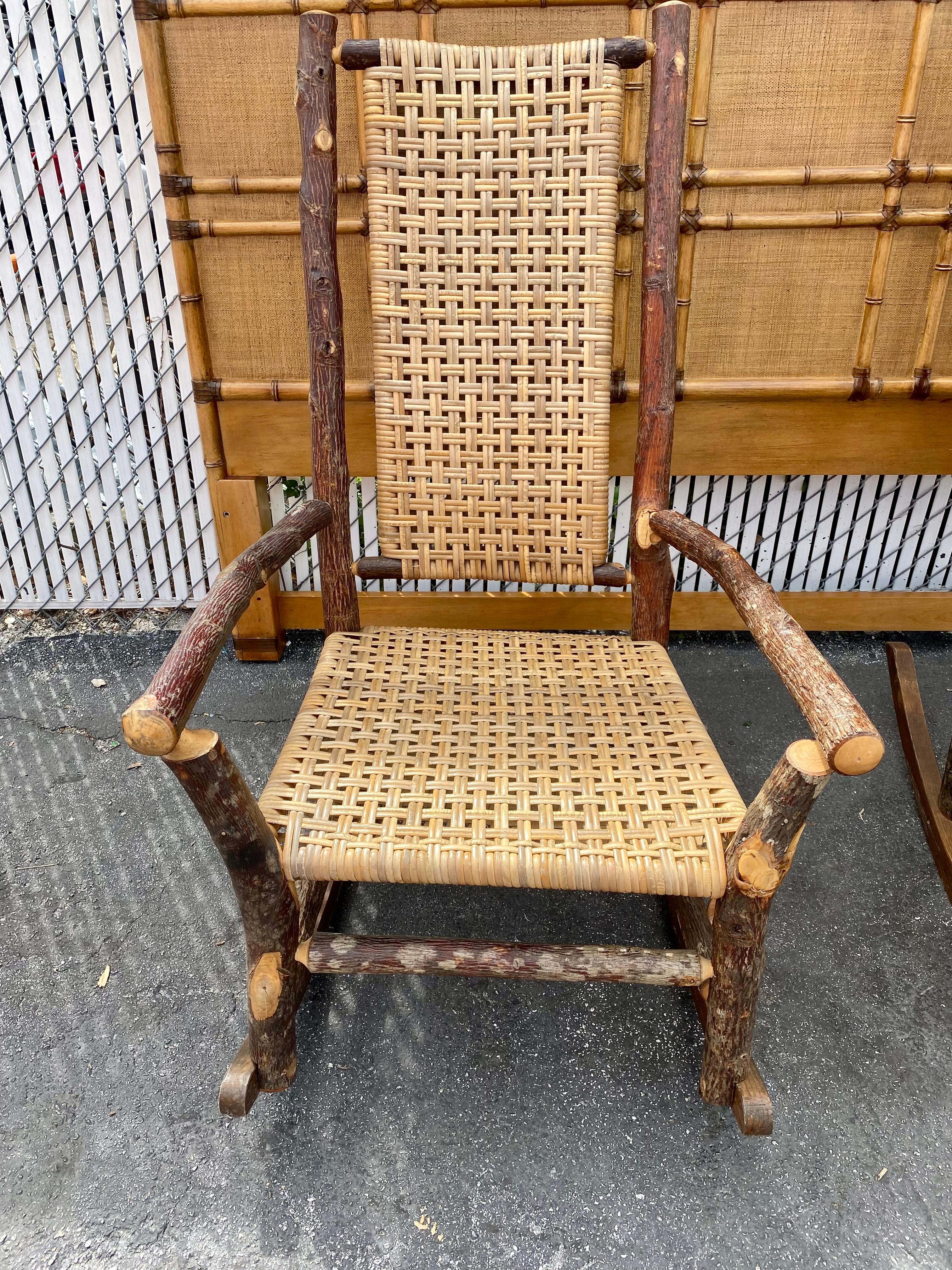 1930s Rustic Organic Double Weave Rattan Oak Rocking Chair For Sale 11