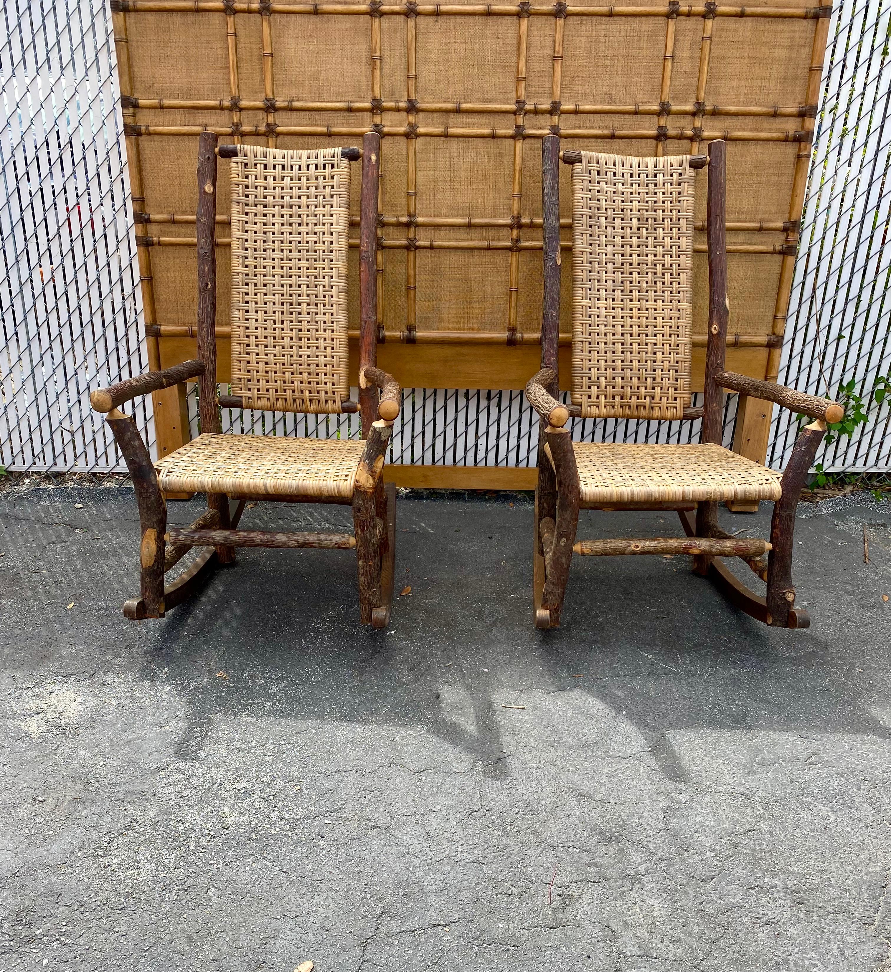 Rustique 1930s Rustic Organic Double Weave Rattan Oak Rocking Chair en vente