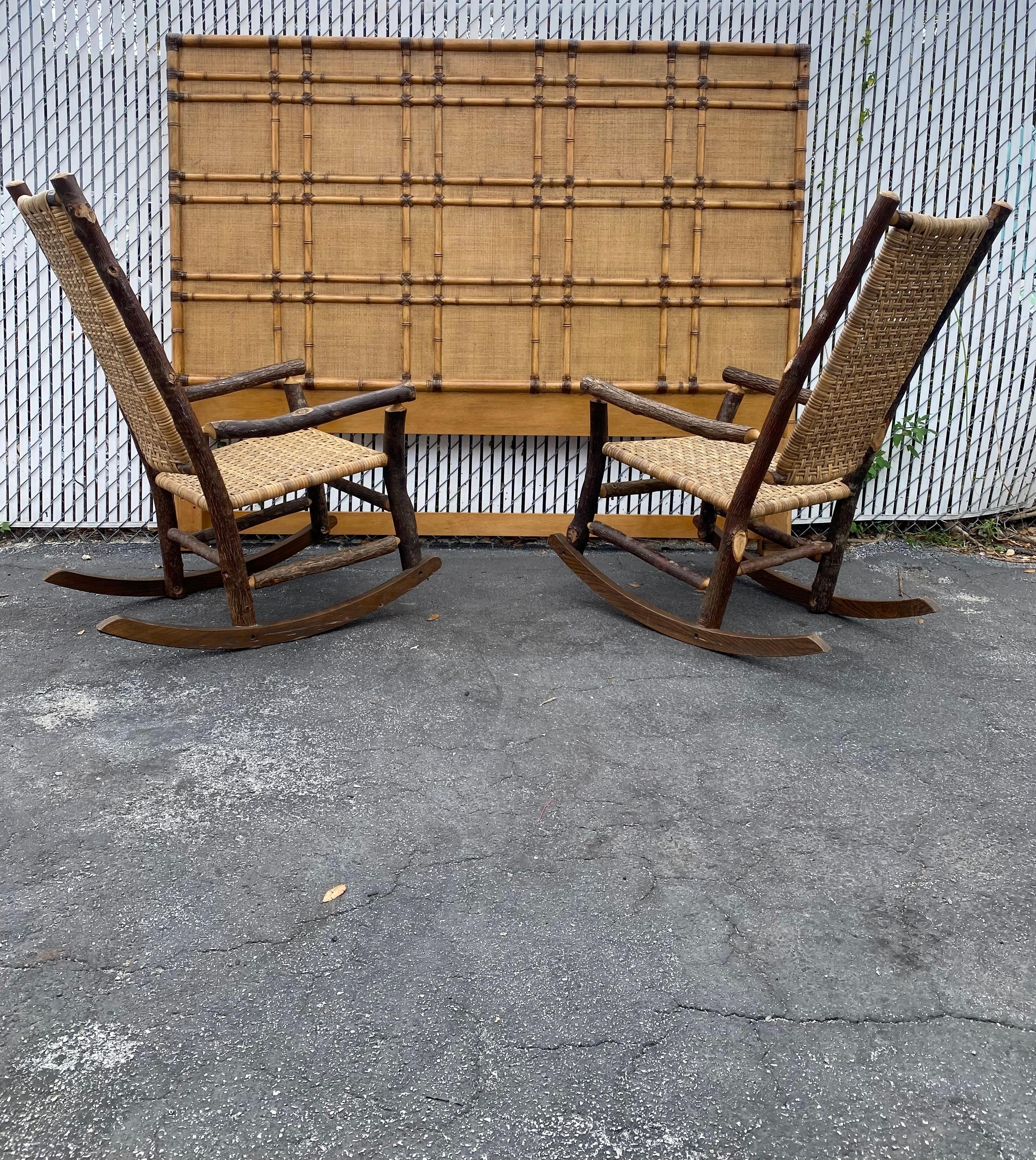 Mid-20th Century 1930s Rustic Organic Double Weave Rattan Oak Rocking Chair For Sale