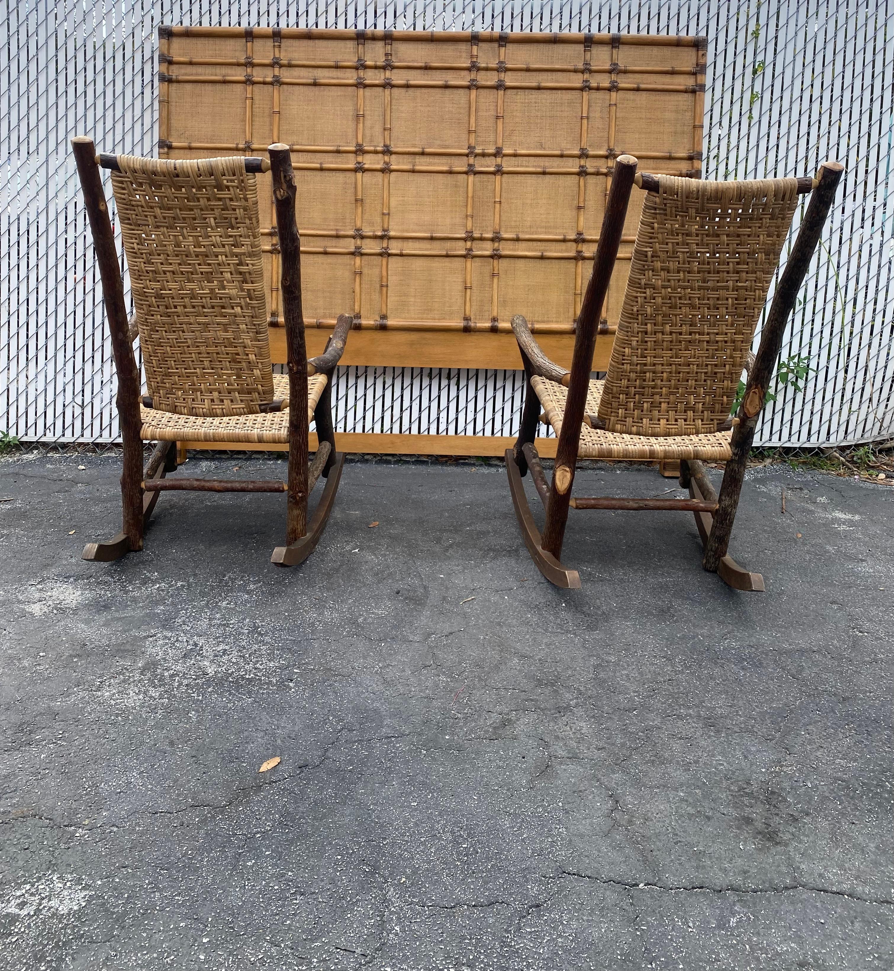 1930s Rustic Organic Double Weave Rattan Oak Rocking Chair For Sale 1