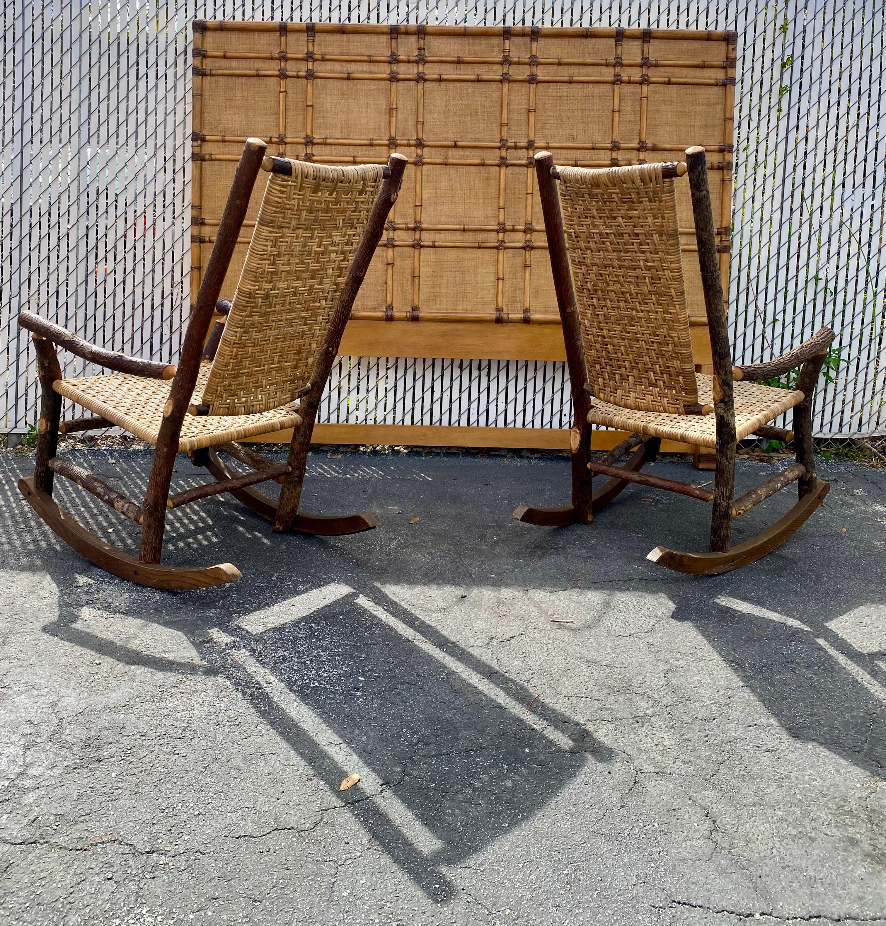 1930s Rustic Organic Double Weave Rattan Oak Rocking Chair For Sale 2