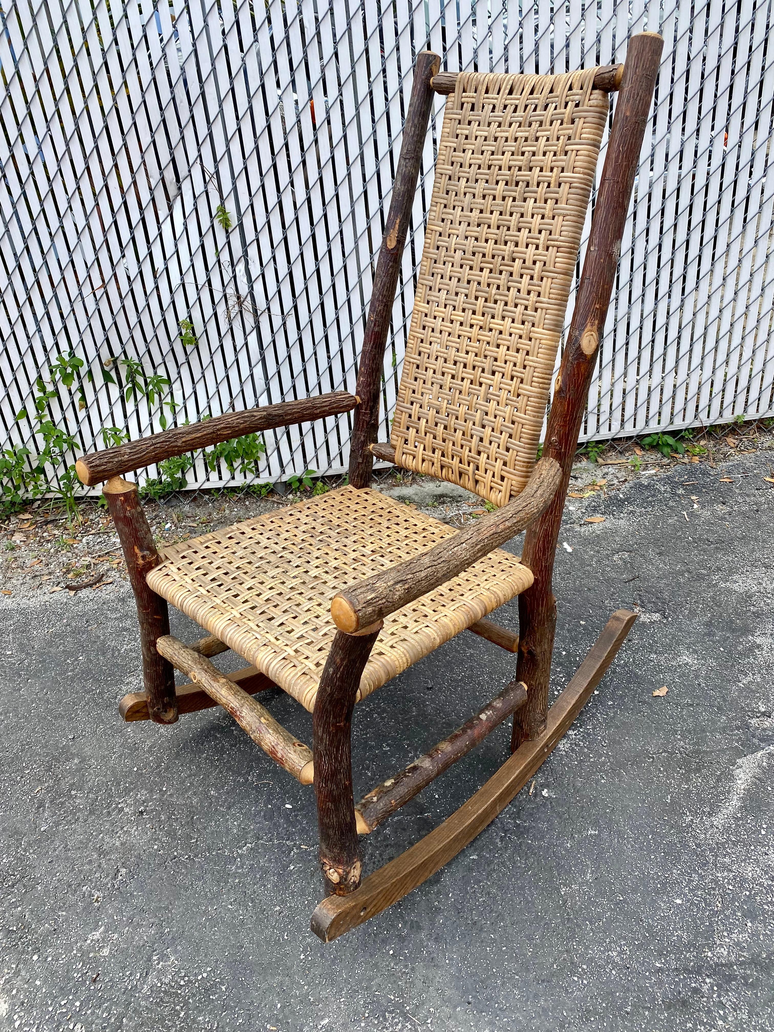 1930s Rustic Organic Double Weave Rattan Oak Rocking Chair For Sale 4