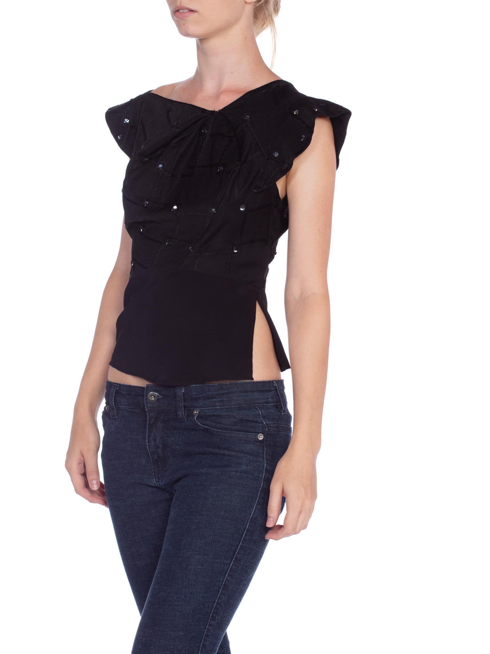 1930'S Black Silk Jacquard Asymmetrically Draped Evening Top With Sequin Beading In Excellent Condition For Sale In New York, NY