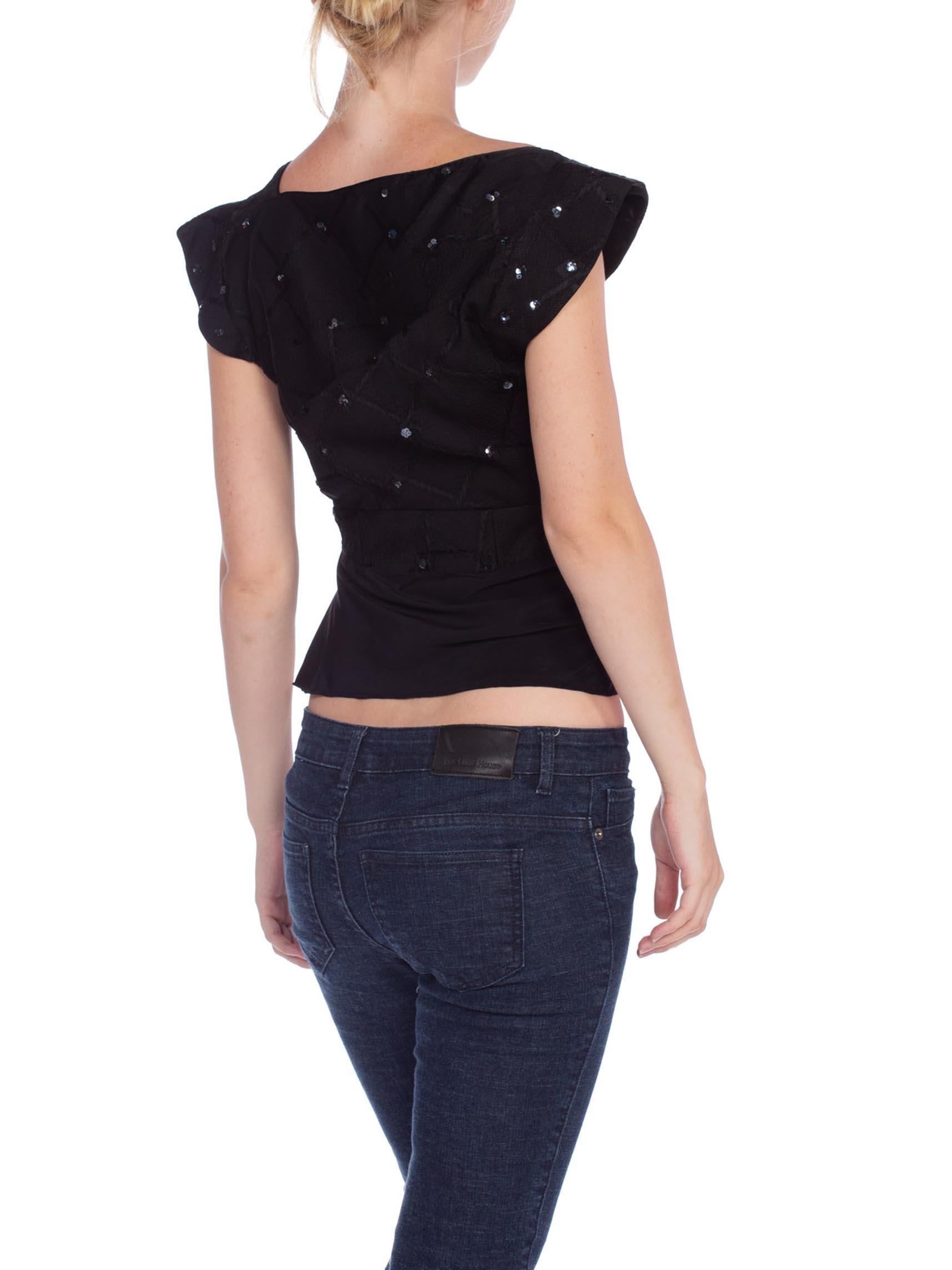 1930'S Black Silk Jacquard Asymmetrically Draped Evening Top With Sequin Beading For Sale 5