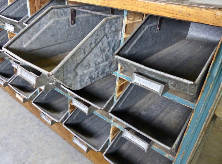 1930s Duluth Hardware Store Bench with 27 Galvanized Metal
