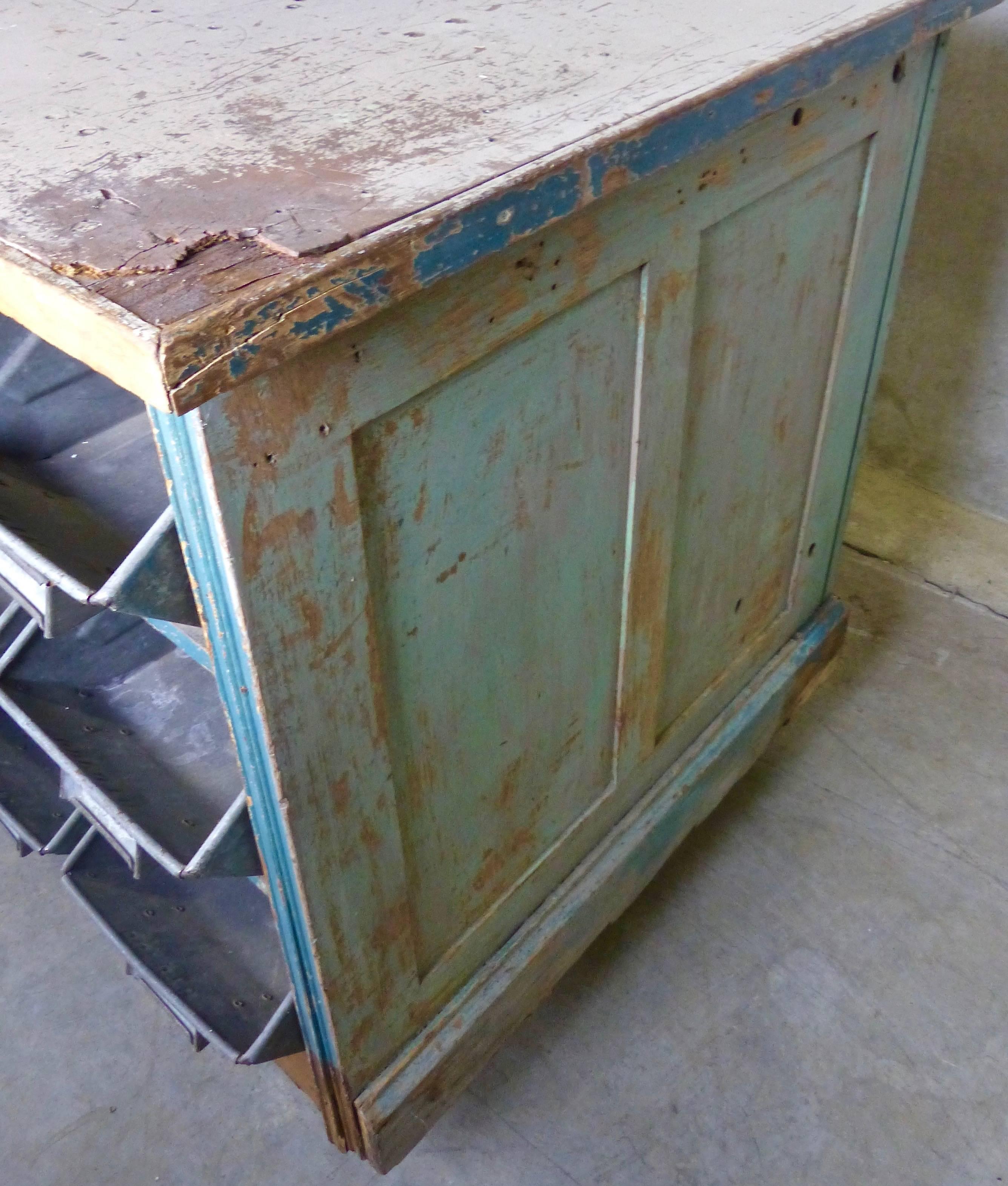 American 1930s Duluth Hardware Store Cabinet/Work Bench with 27 Galvanized Metal Drawers