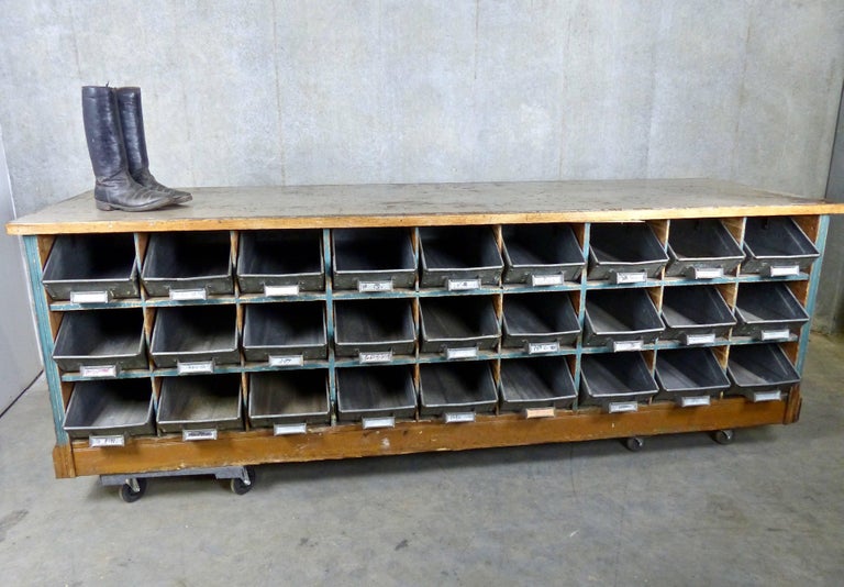 1930s Duluth Hardware Store Bench with 27 Galvanized Metal