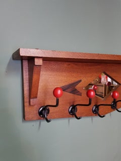 1930s Dutch Oak Art Deco or Amsterdam School Wall Coat Rack with Mirror