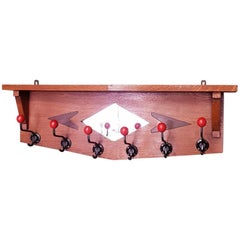 Antique 1930s Dutch Oak Art Deco or Amsterdam School Wall Coat Rack with Mirror