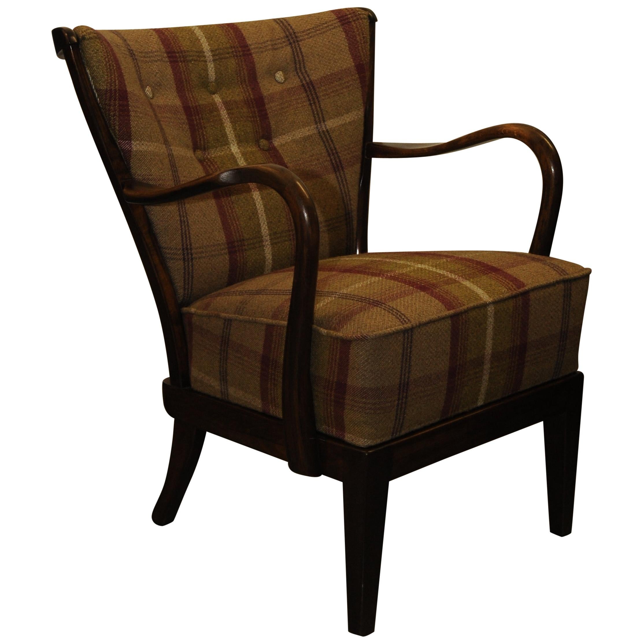 1930s DUX Scandinavian Art Deco Bentwood Armchair with Patterned Upholstery For Sale