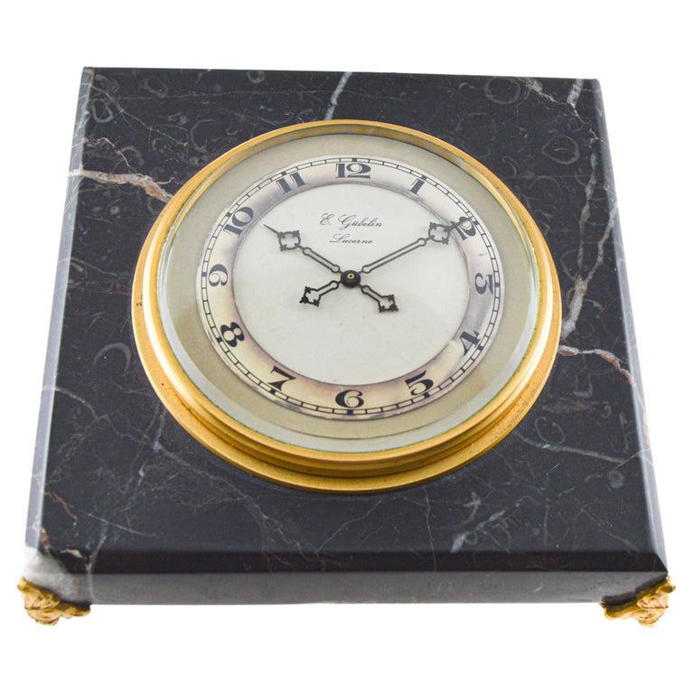 1930s E. Gubelin Watch Company Art Deco Stone Manually Wound Table Clock In Excellent Condition For Sale In Long Beach, CA