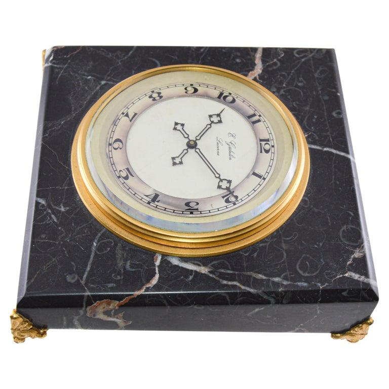 1930s E. Gubelin Watch Company Art Deco Stone Manually Wound Table Clock For Sale 2