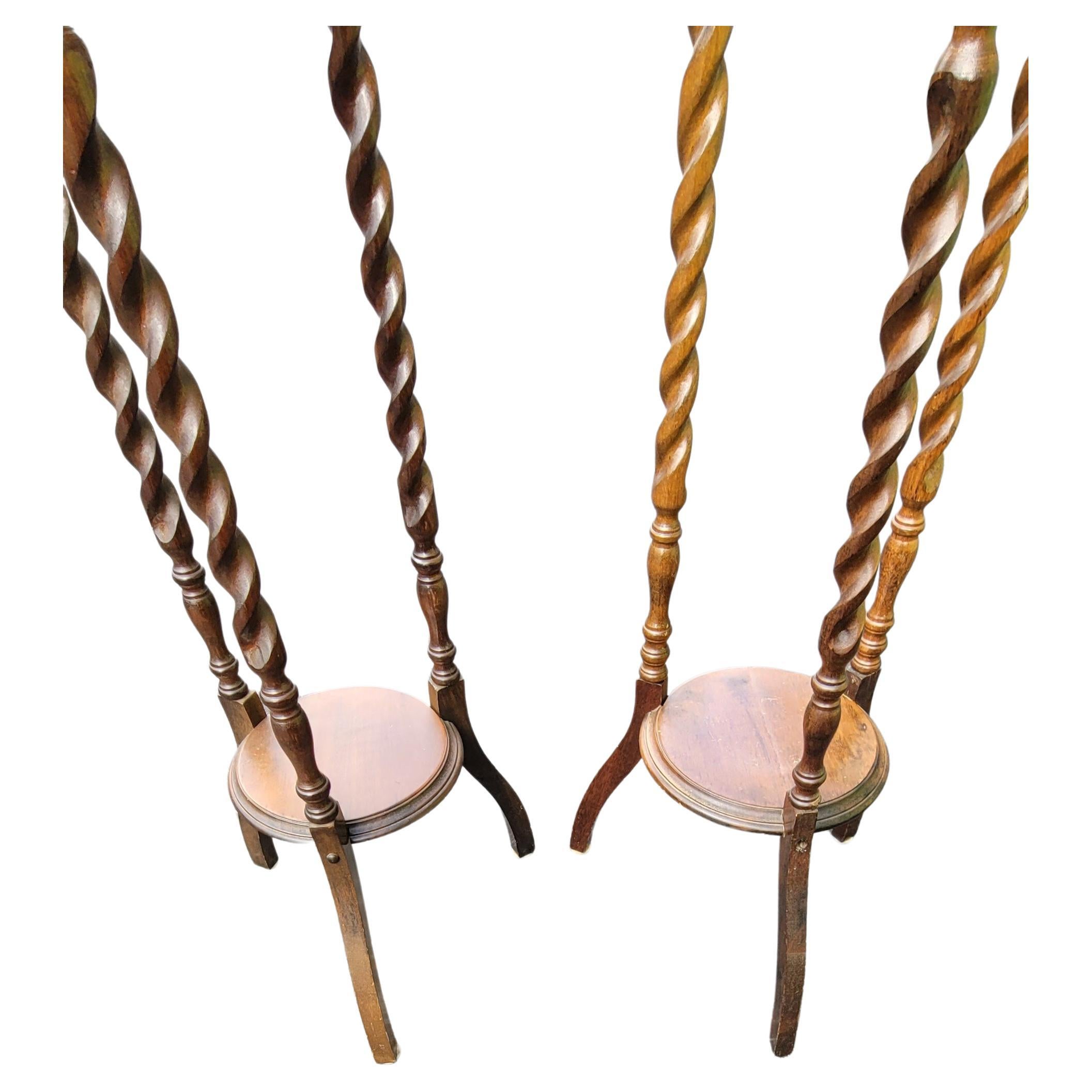 American 1930s Edwardian Barley Twist Mahogany Pedestals Plant Stands, Pairs