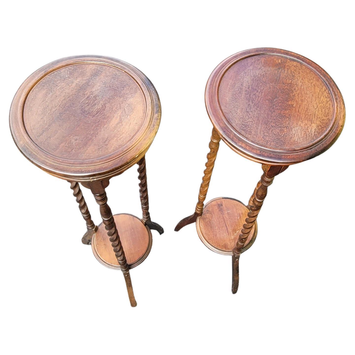 Woodwork 1930s Edwardian Barley Twist Mahogany Pedestals Plant Stands, Pairs