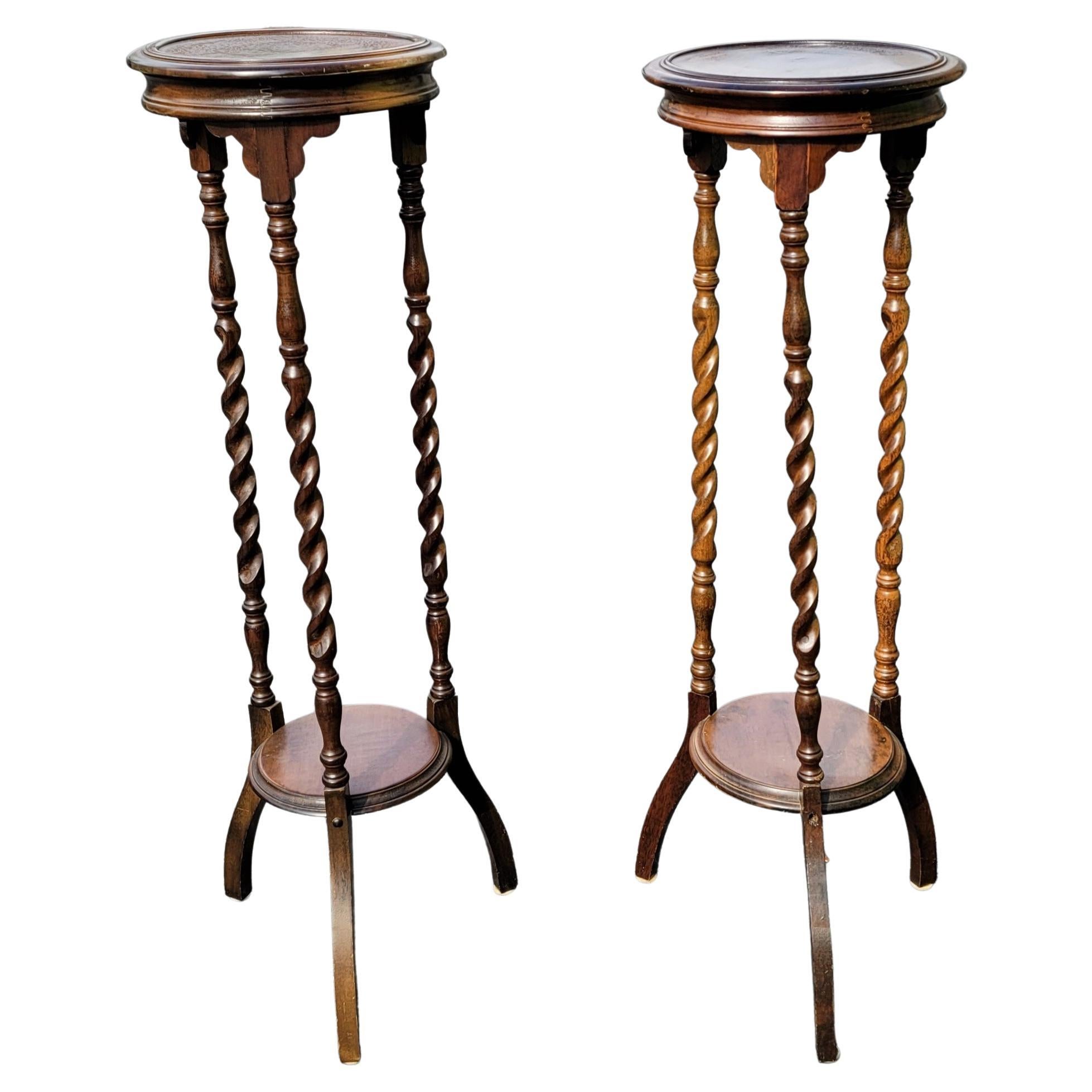1930s Edwardian Barley Twist Mahogany Pedestals Plant Stands, Pairs 1