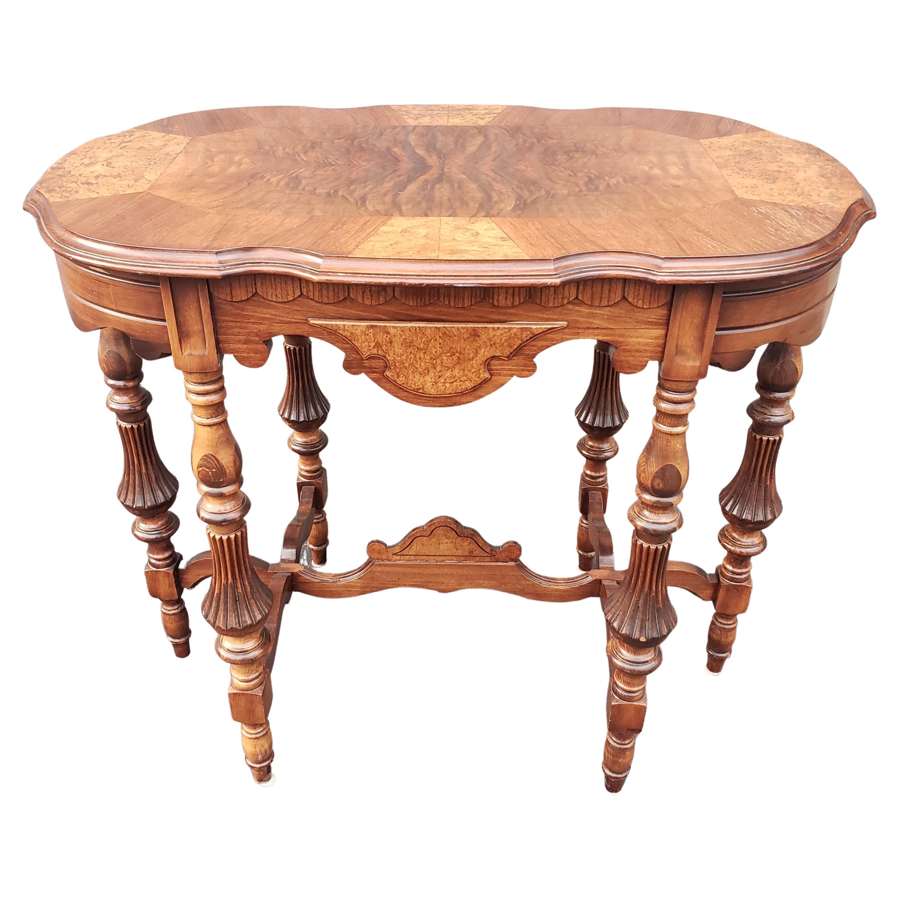 1930s Edwardian Refinished  Mahogany and Burl Walnut Banded Top Console Table