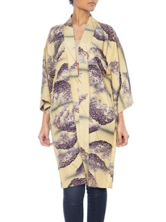 1930S Eggplant Purple & Beige Silk Abstracted Bamboo Print Kimono