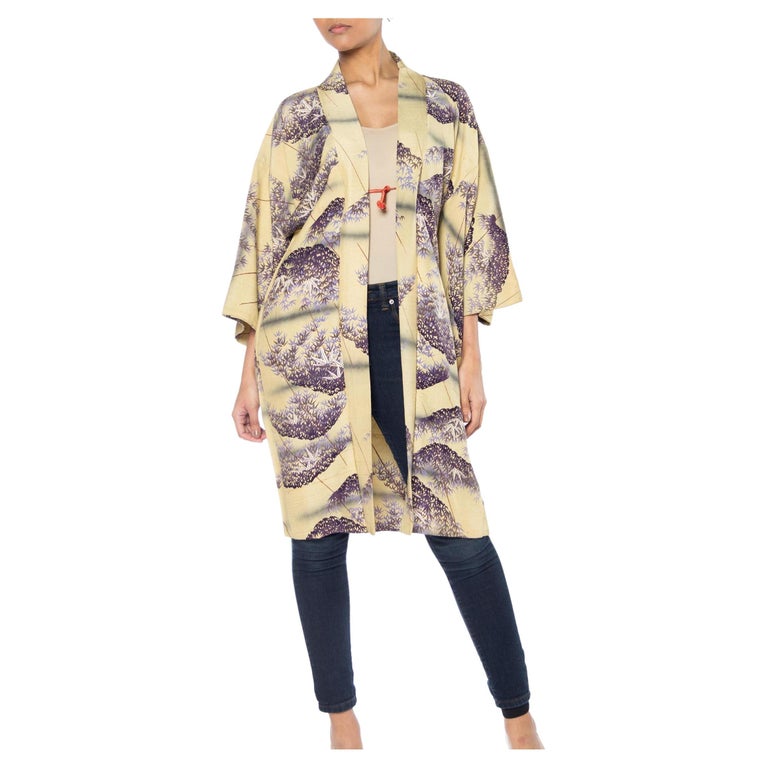 1950s Exotic Print Deep Eggplant Silk Kimono