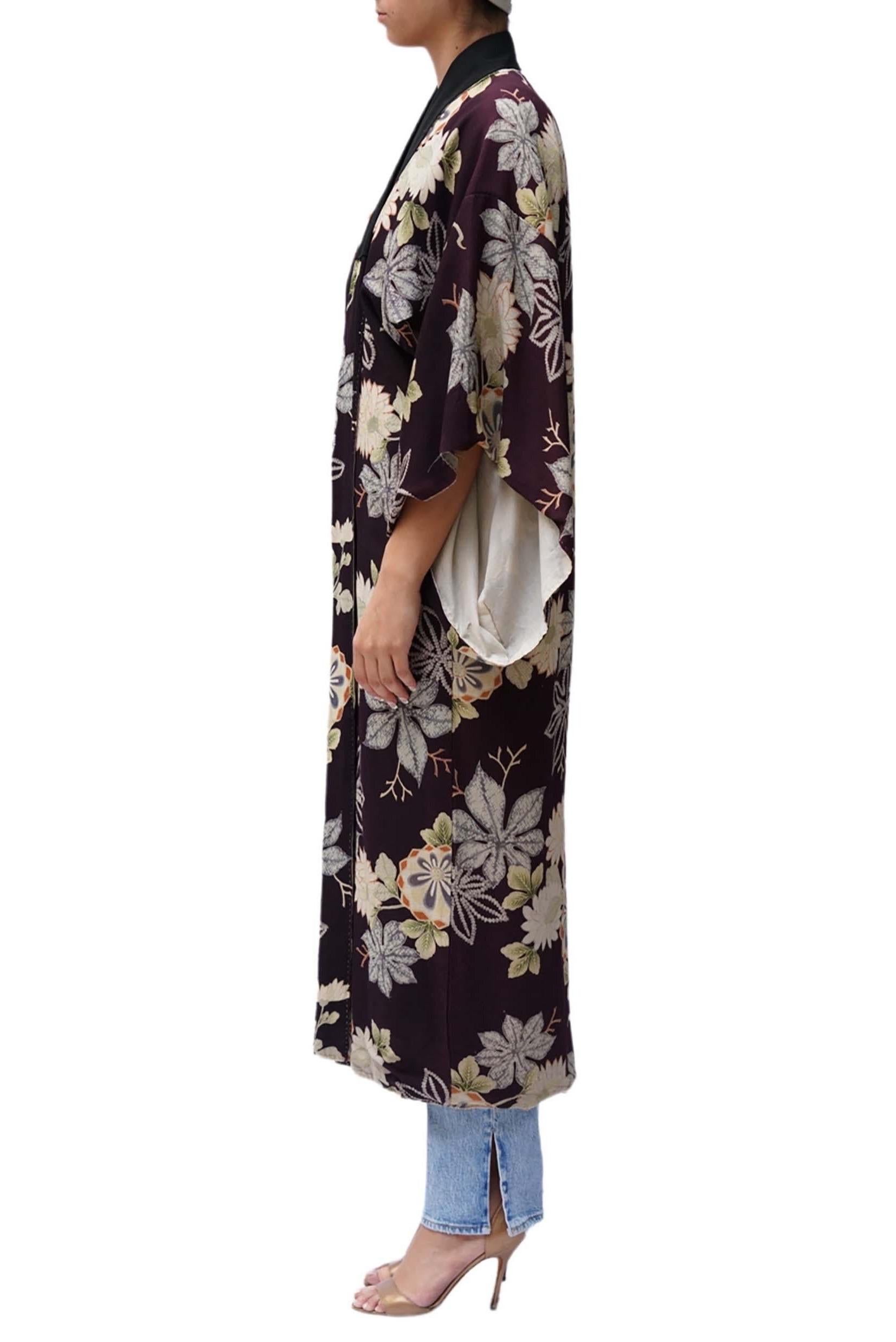 Some subtle discoleration from age 1930S Eggplant Purple Hand Printed Silk Floral Kimono Lined In Cotton 