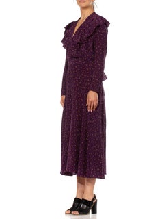1920S Eggplant Purple Silk Crepe De Chine Victorian Style Long Sleeve Dress Wit