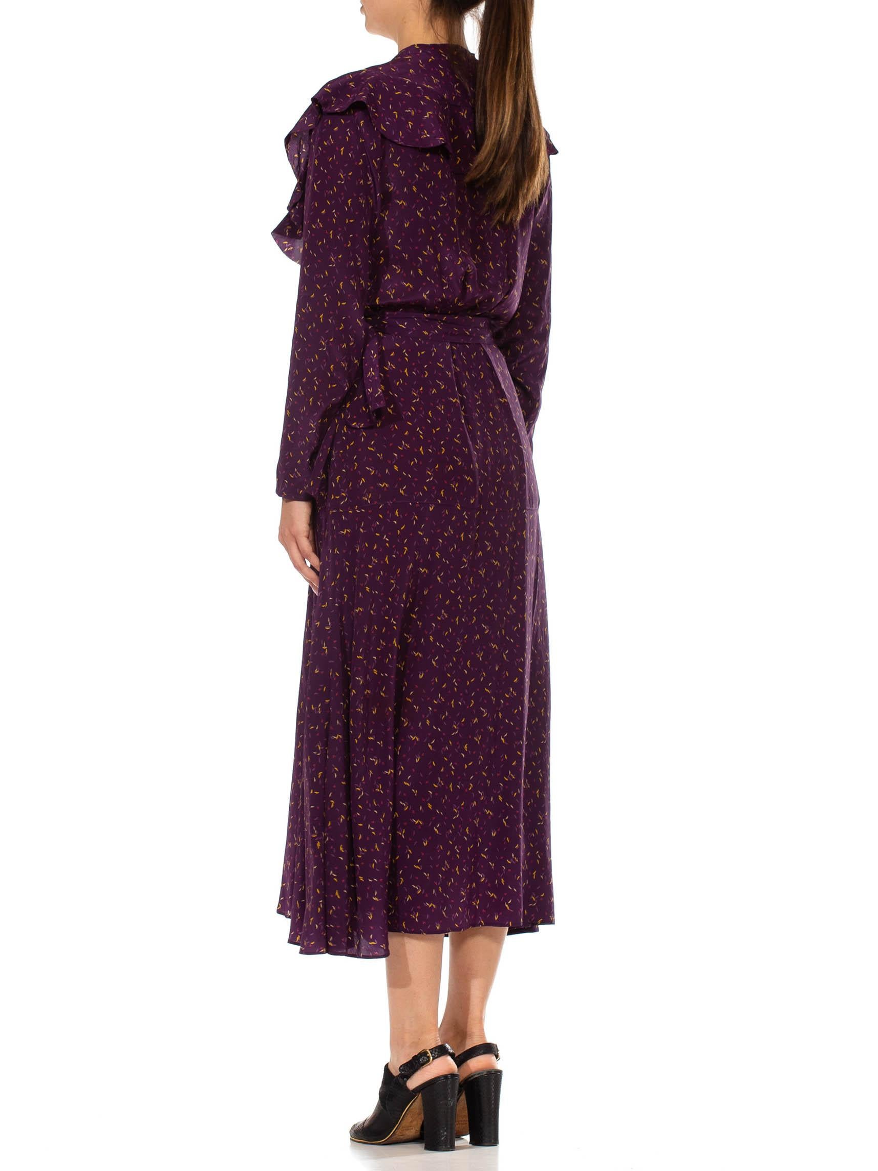 1930'S Eggplant Purple Silk Crepe De Chine Victorian Style Long Sleeve Dress Wi In Excellent Condition For Sale In New York, NY