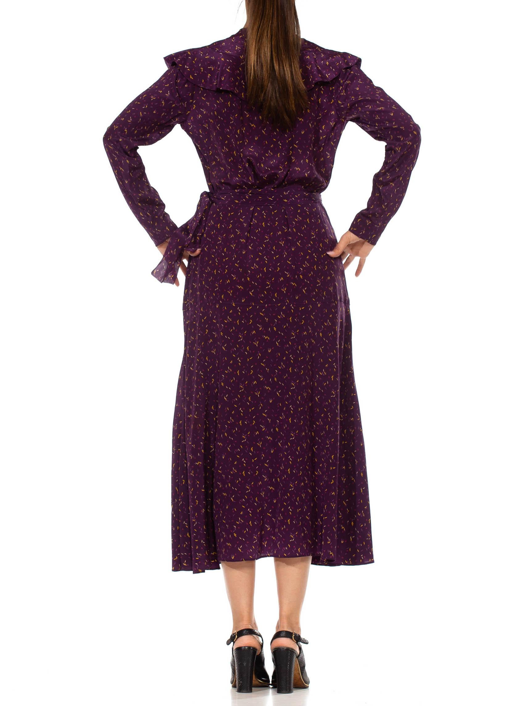 Women's 1930'S Eggplant Purple Silk Crepe De Chine Victorian Style Long Sleeve Dress Wi For Sale