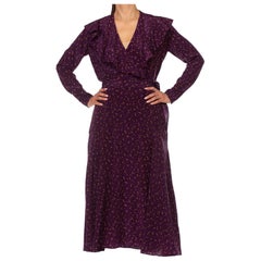 Used 1930'S Eggplant Purple Silk Crepe De Chine Victorian Style Long Sleeve Dress Wi