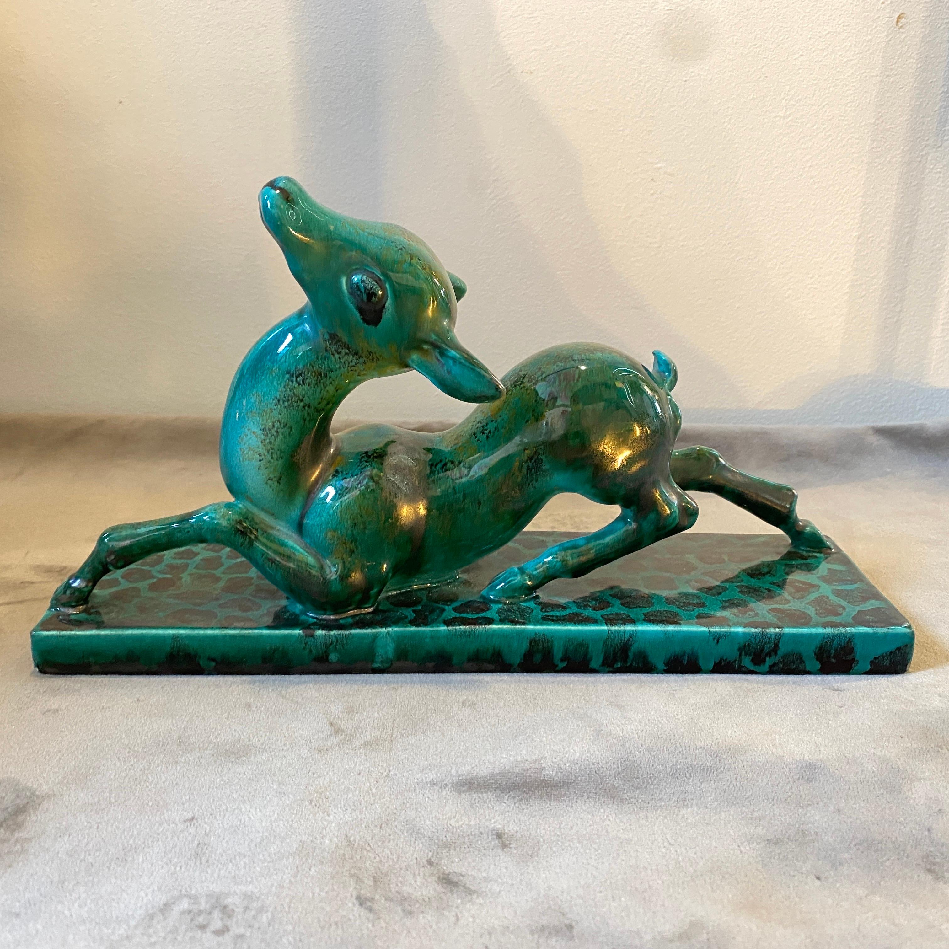 Hand-Painted 1930s Egisto Fantechi Art Deco Green Ceramic Italian Sculpture of a Fawn For Sale