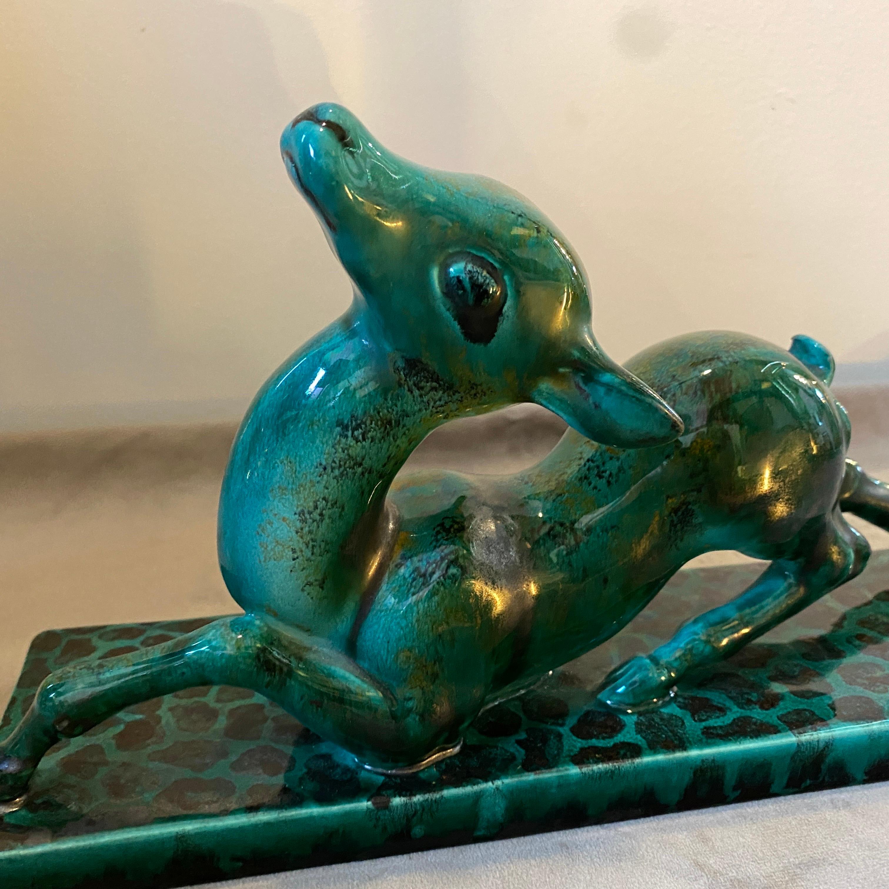 1930s Egisto Fantechi Art Deco Green Ceramic Italian Sculpture of a Fawn For Sale 1