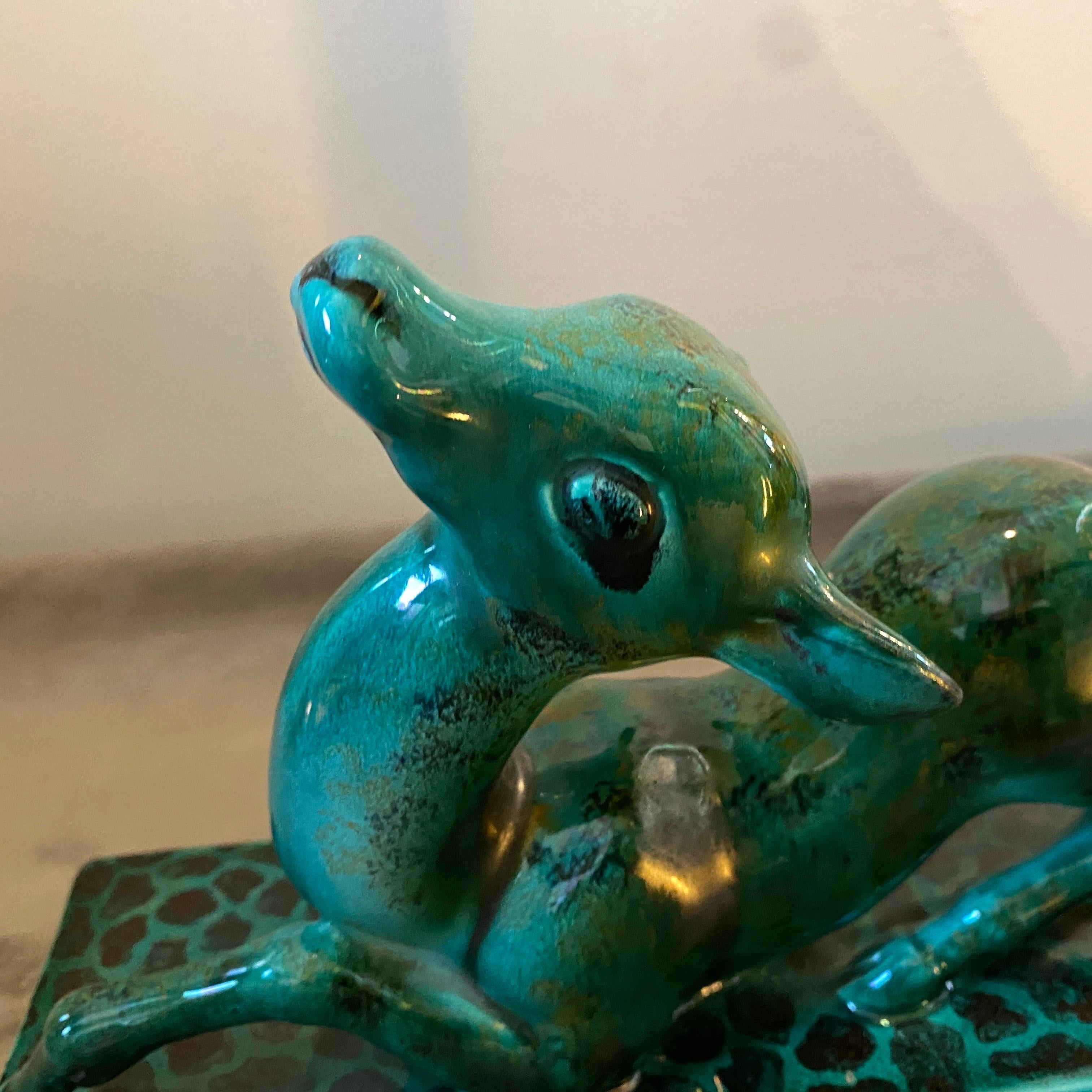 1930s Egisto Fantechi Art Deco Green Ceramic Italian Sculpture of a Fawn For Sale 4