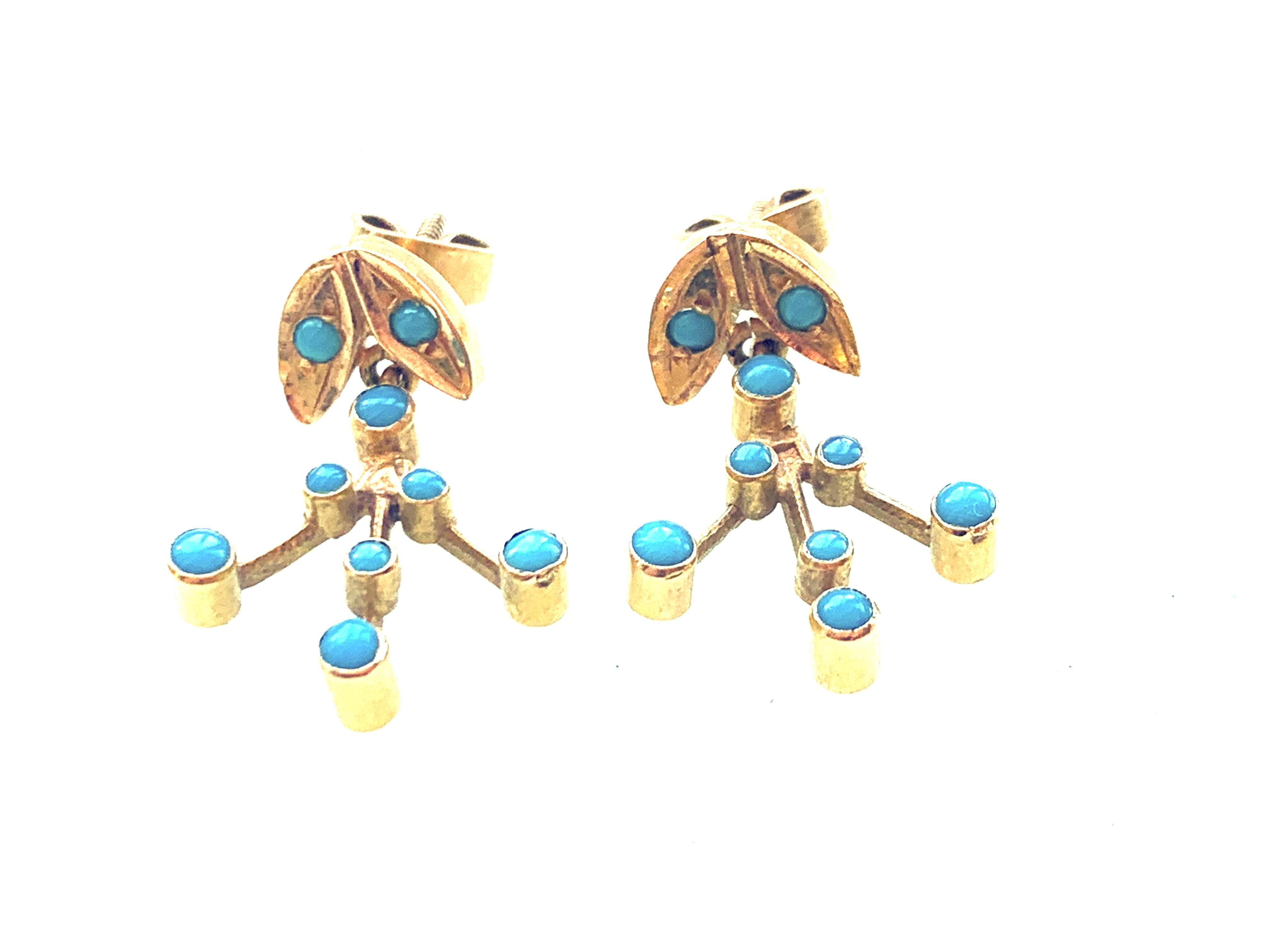 Beautiful 18ct Gold - turquoise set Earrings
stamped with Egyptian marks IV for 18ct gold
Era 1930s
Screw stud posts
with Butterfly Back fasteners 
which are the earrings original backs.