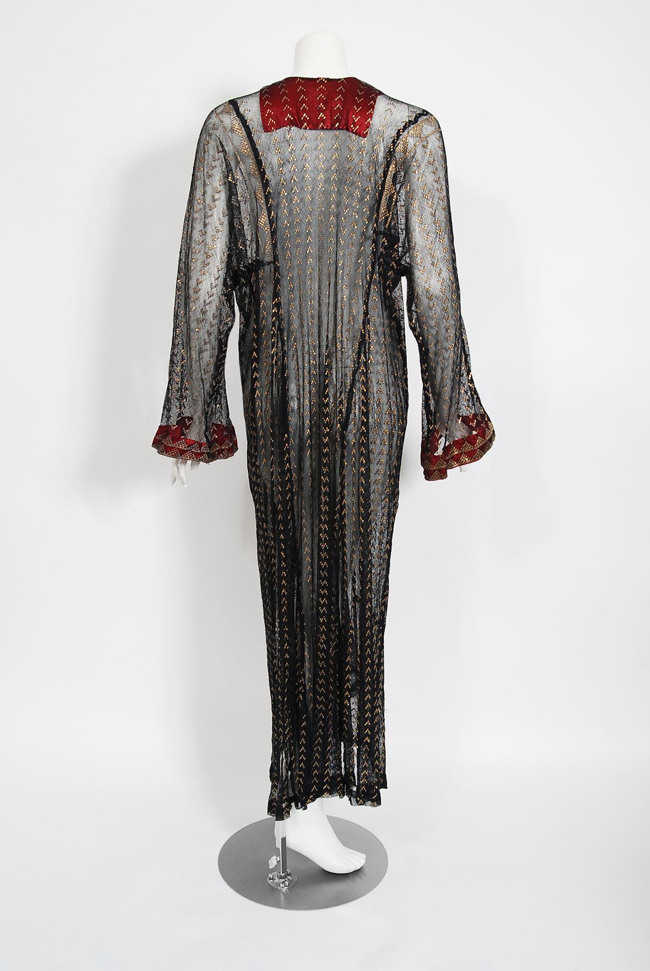 1930's Egyptian Antique Couture Assuit Hammered Metal Deco Sheer-Net Maxi Dress 3
