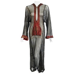1930's Egyptian Vintage Couture Assuit Hammered Metal Deco Sheer-Net Maxi Dress