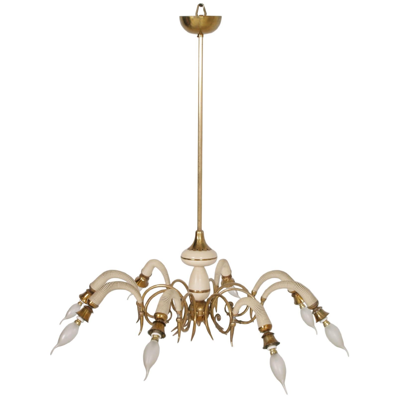  1930s Eight-Arms Italian Art Deco Pendant Lighting in Gilt & Laquered Brass For Sale