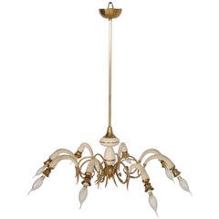 1930s Eight-Arms Italian Art Deco Pendant Lighting in Gilt & Laquered Brass