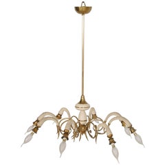 Retro  1930s Eight-Arms Italian Art Deco Pendant Lighting in Gilt & Laquered Brass